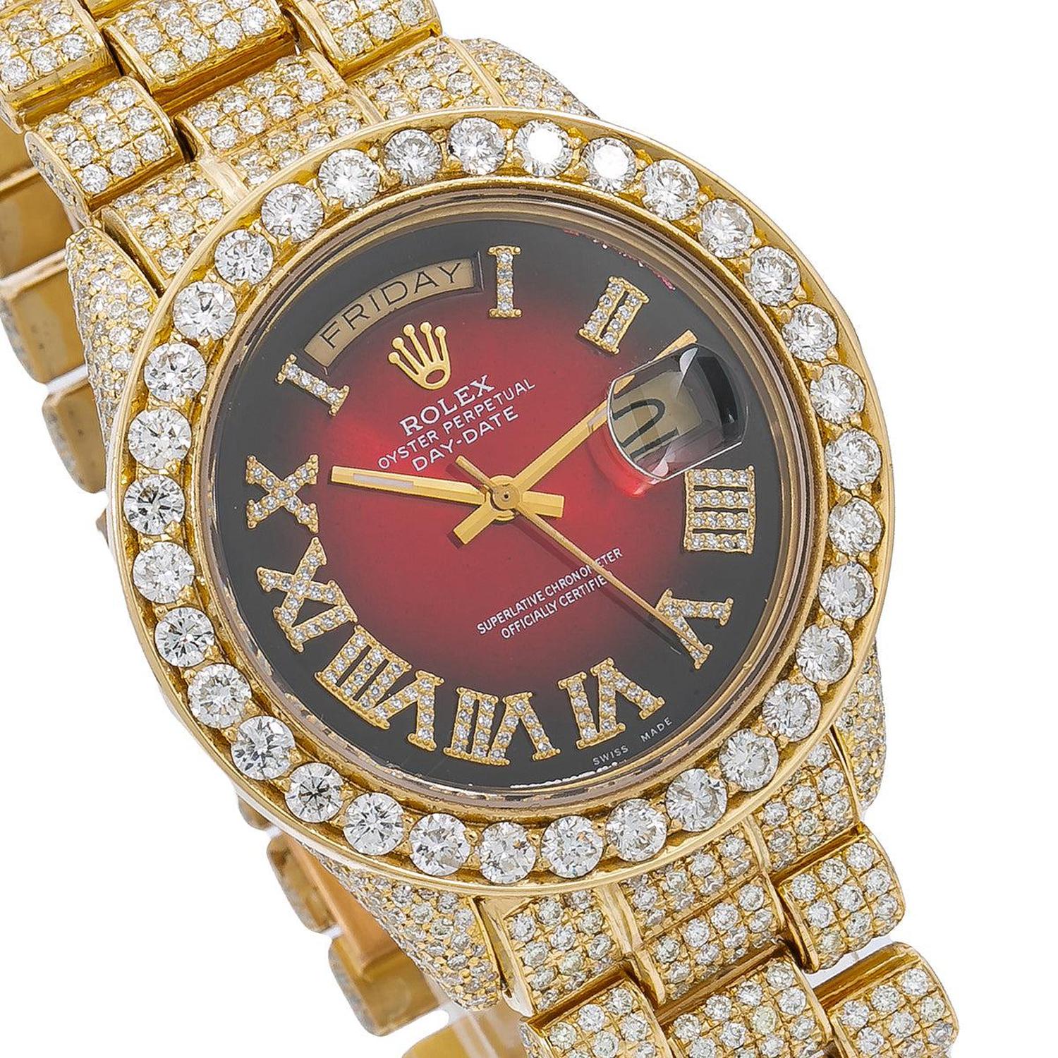 Rolex Day-Date 36MM 18038 Red Roman Diamond Dial Diamond Bezel 18K Yellow Gold Full Diamond President Bracelet 23.75ct