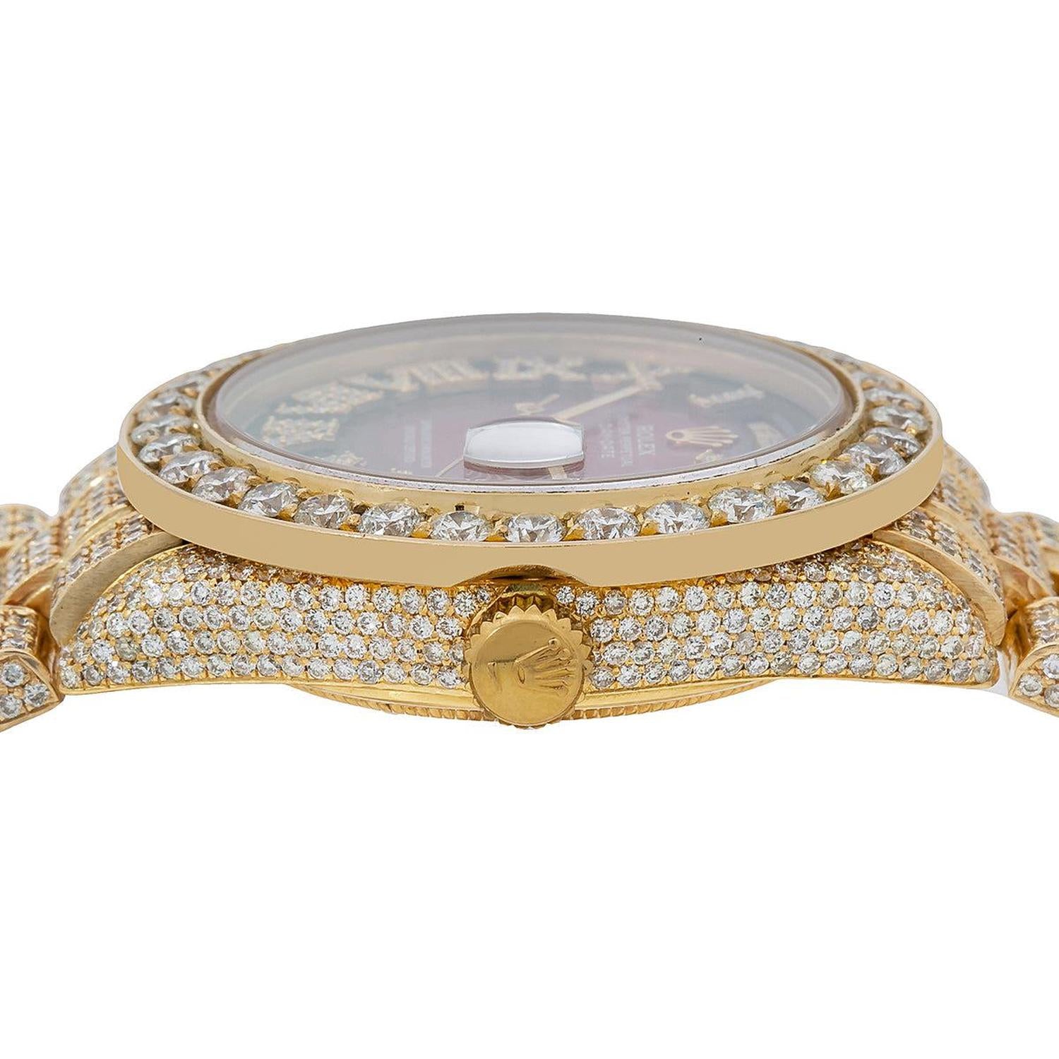 Rolex Day-Date 36MM 18038 Red Roman Diamond Dial Diamond Bezel 18K Yellow Gold Full Diamond President Bracelet 23.75ct