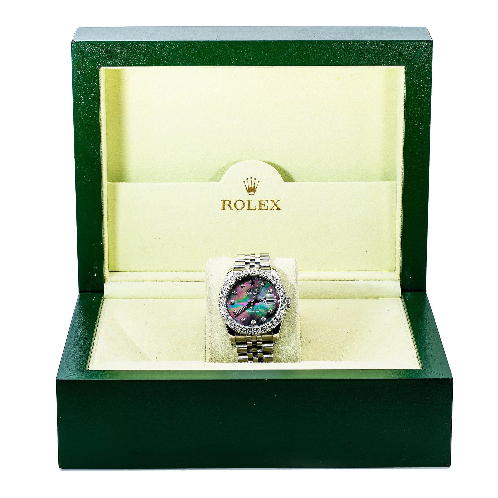 Rolex Datejust 36MM 116234 Black Mother of Pearl Diamond Dial Diamond Bezel Stainless Steel Jubilee Bracelet 3.75ct