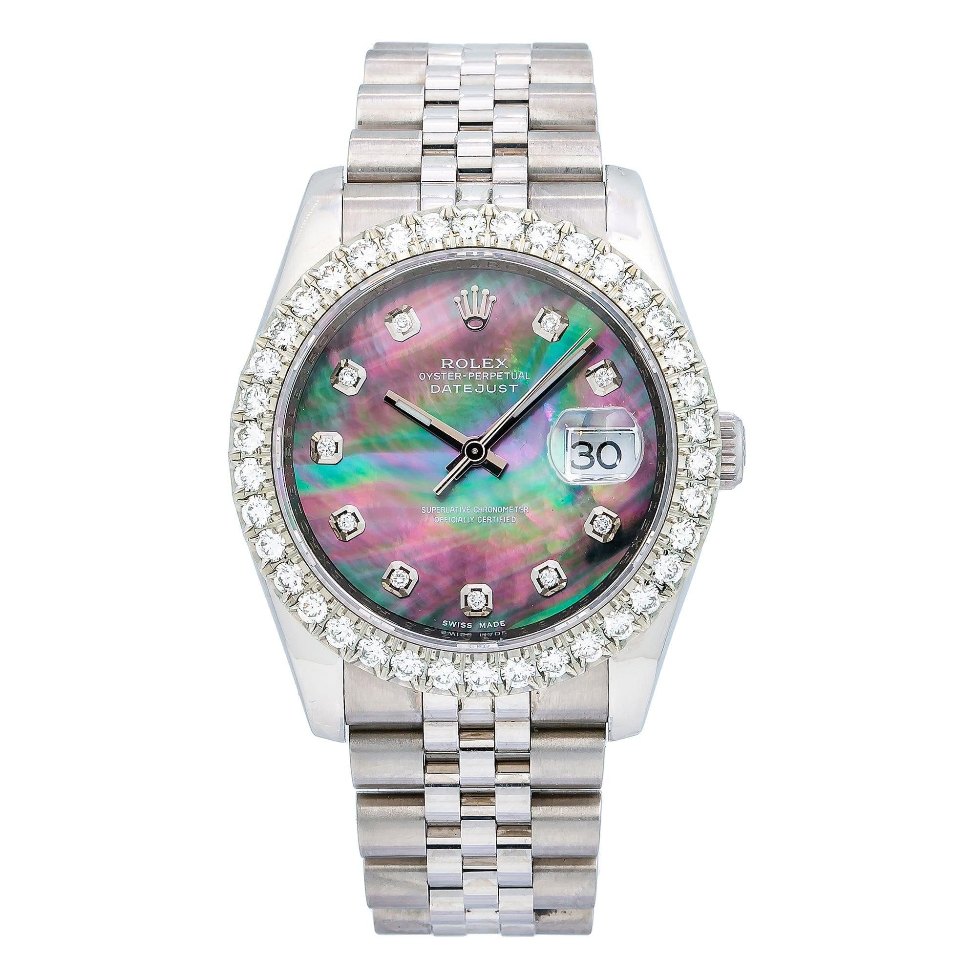 Rolex Datejust 36MM 116234 Black Mother of Pearl Diamond Dial Diamond Bezel Stainless Steel Jubilee Bracelet 3.75ct