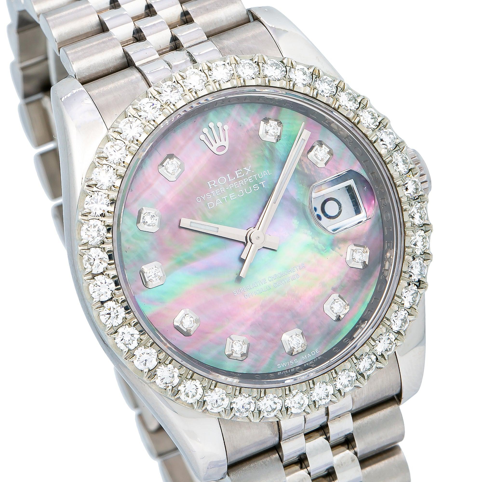 Rolex Datejust 36MM 116234 Black Mother of Pearl Diamond Dial Diamond Bezel Stainless Steel Jubilee Bracelet 3.75ct