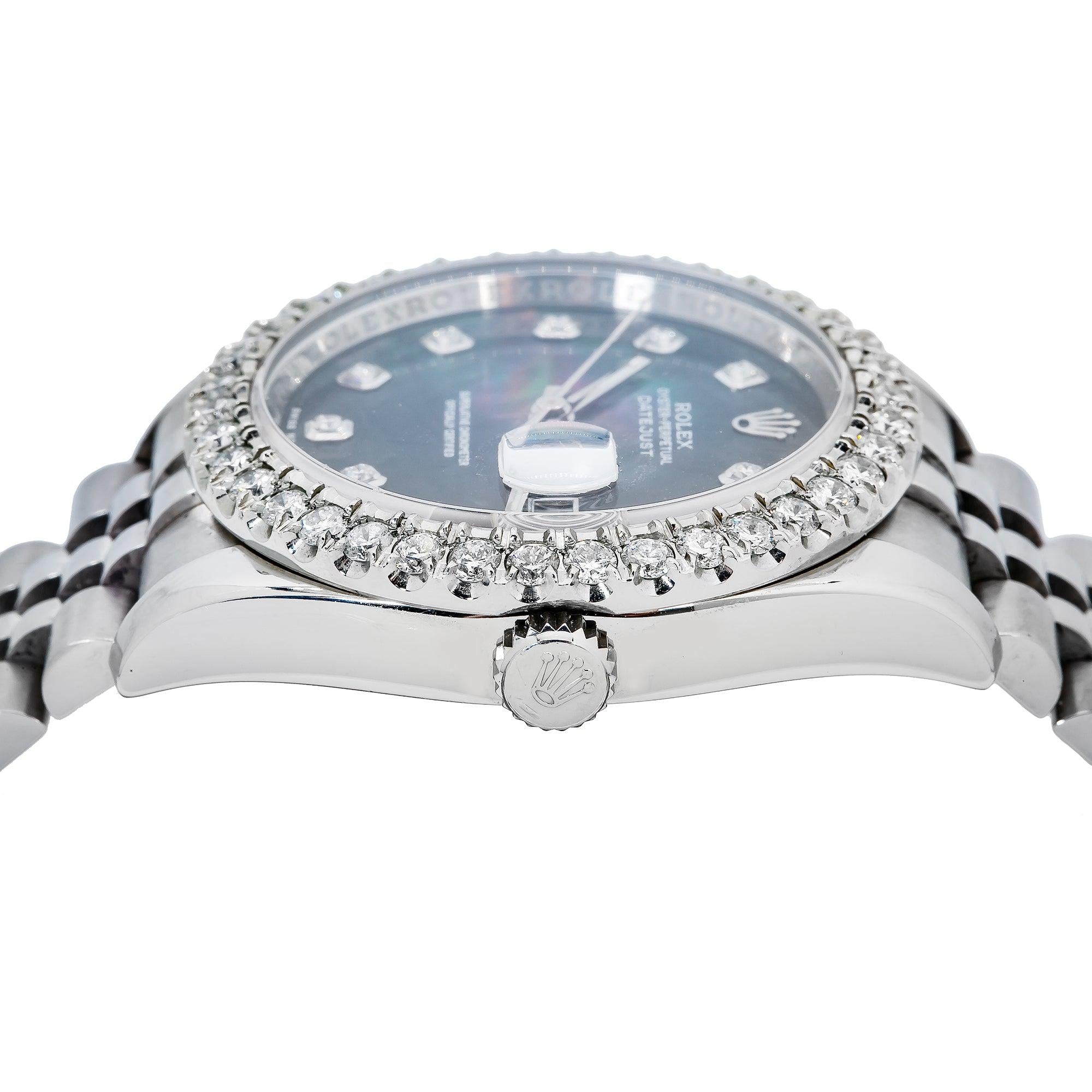Rolex Datejust 36MM 116234 Black Mother of Pearl Diamond Dial Diamond Bezel Stainless Steel Jubilee Bracelet 3.75ct