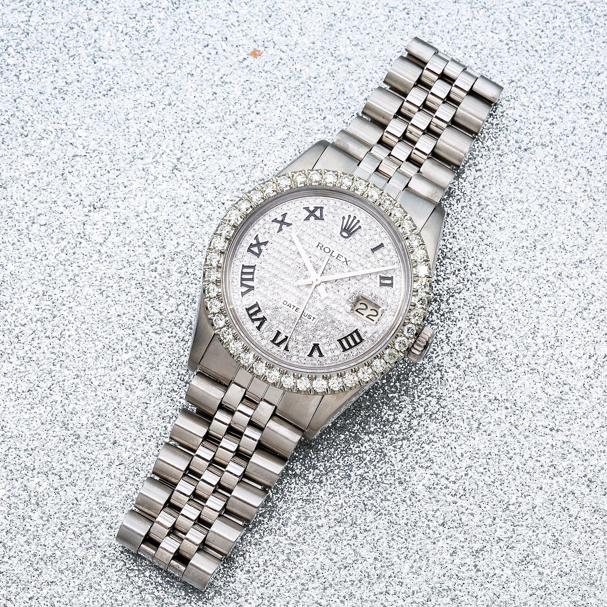 Rolex Datejust 36MM 16014 Diamond Paved Roman Dial Diamond Bezel Stainless Steel Jubilee Bracelet