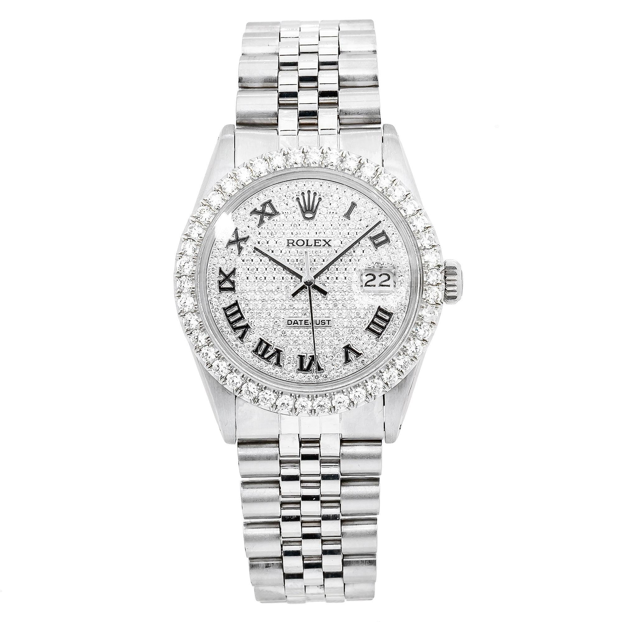 Rolex Datejust 36MM 16014 Diamond Paved Roman Dial Diamond Bezel Stainless Steel Jubilee Bracelet