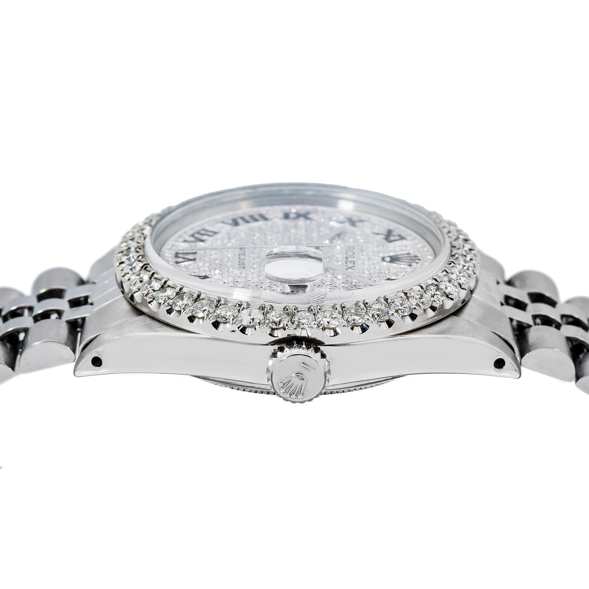 Rolex Datejust 36MM 16014 Diamond Paved Roman Dial Diamond Bezel Stainless Steel Jubilee Bracelet