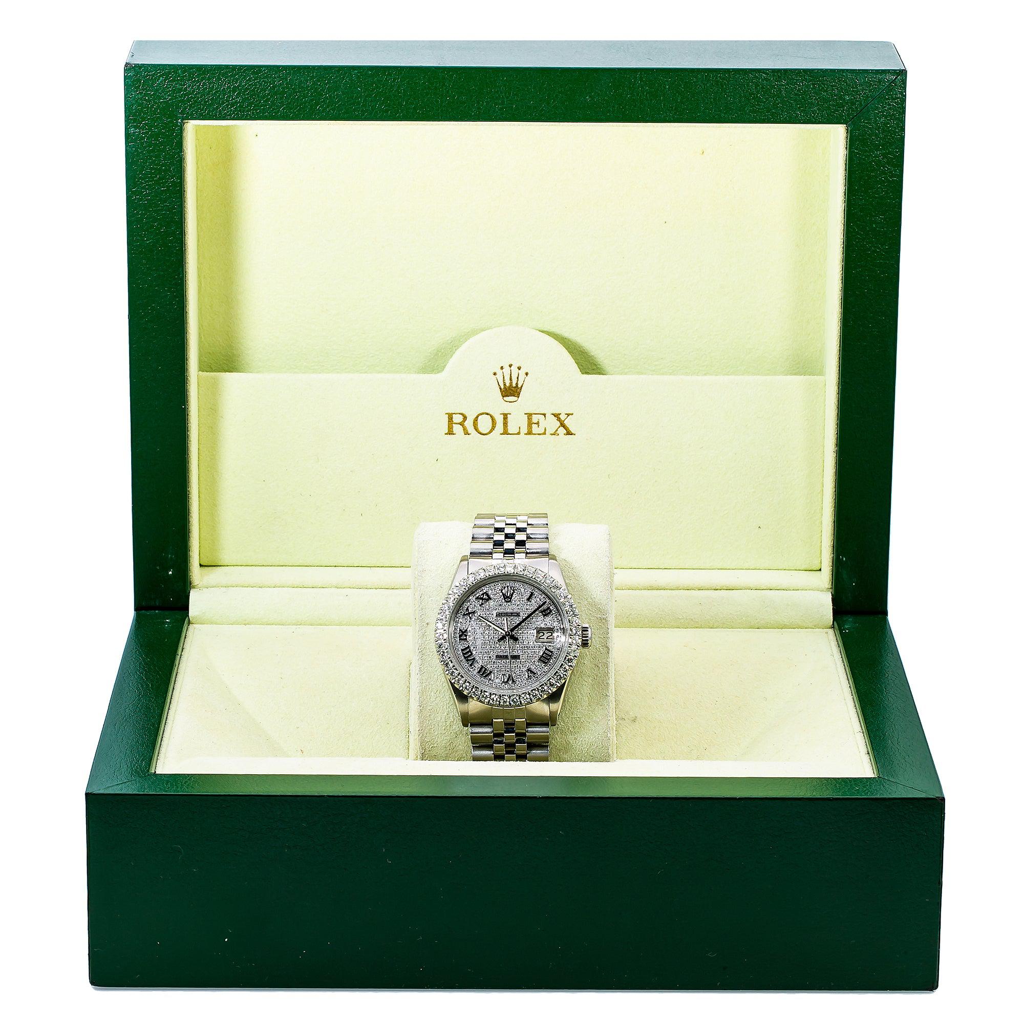 Rolex Datejust 36MM 16014 Diamond Paved Roman Dial Diamond Bezel Stainless Steel Jubilee Bracelet
