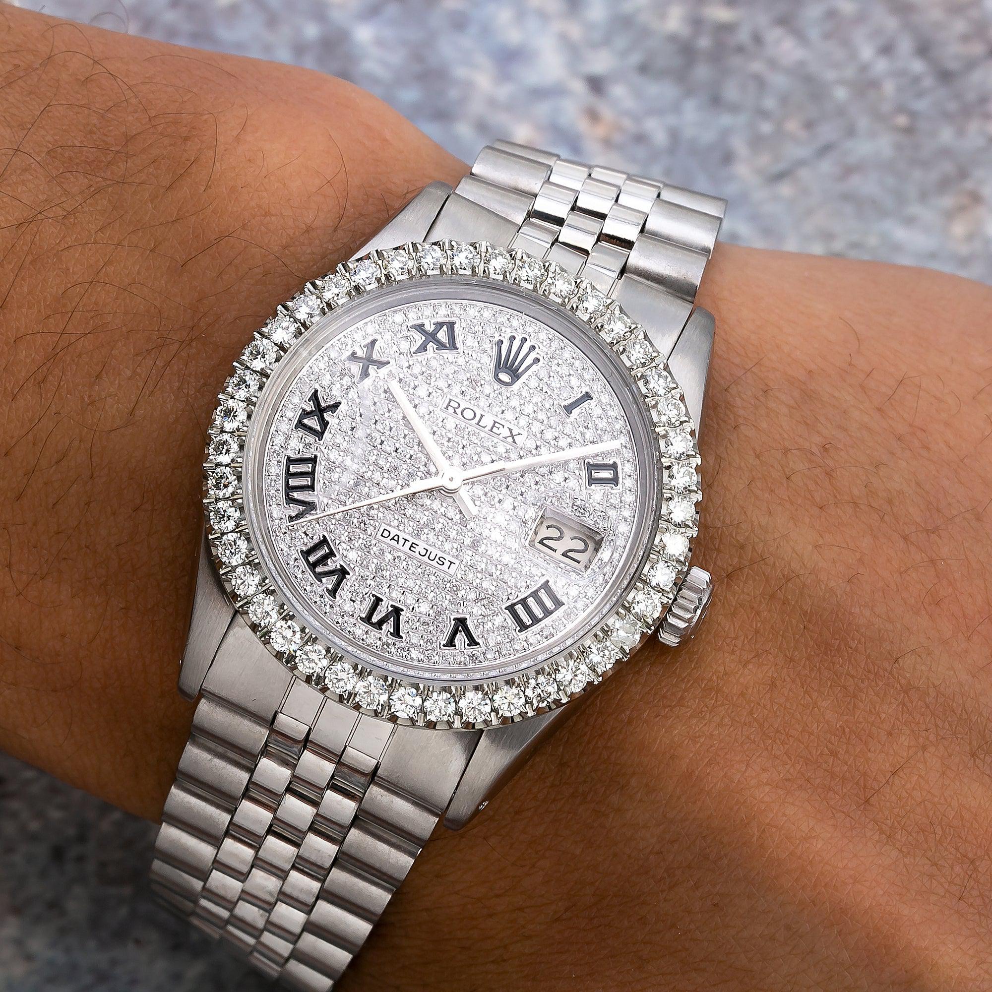 Rolex Datejust 36MM 16014 Diamond Paved Roman Dial Diamond Bezel Stainless Steel Jubilee Bracelet