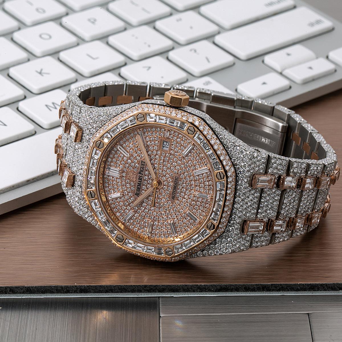 Audemars Piguet Royal Oak Selfwinding 41MM 15400SR Diamond Paved Dial Diamond Bezel Two Tone Rose Gold Bracelet 32.75ct