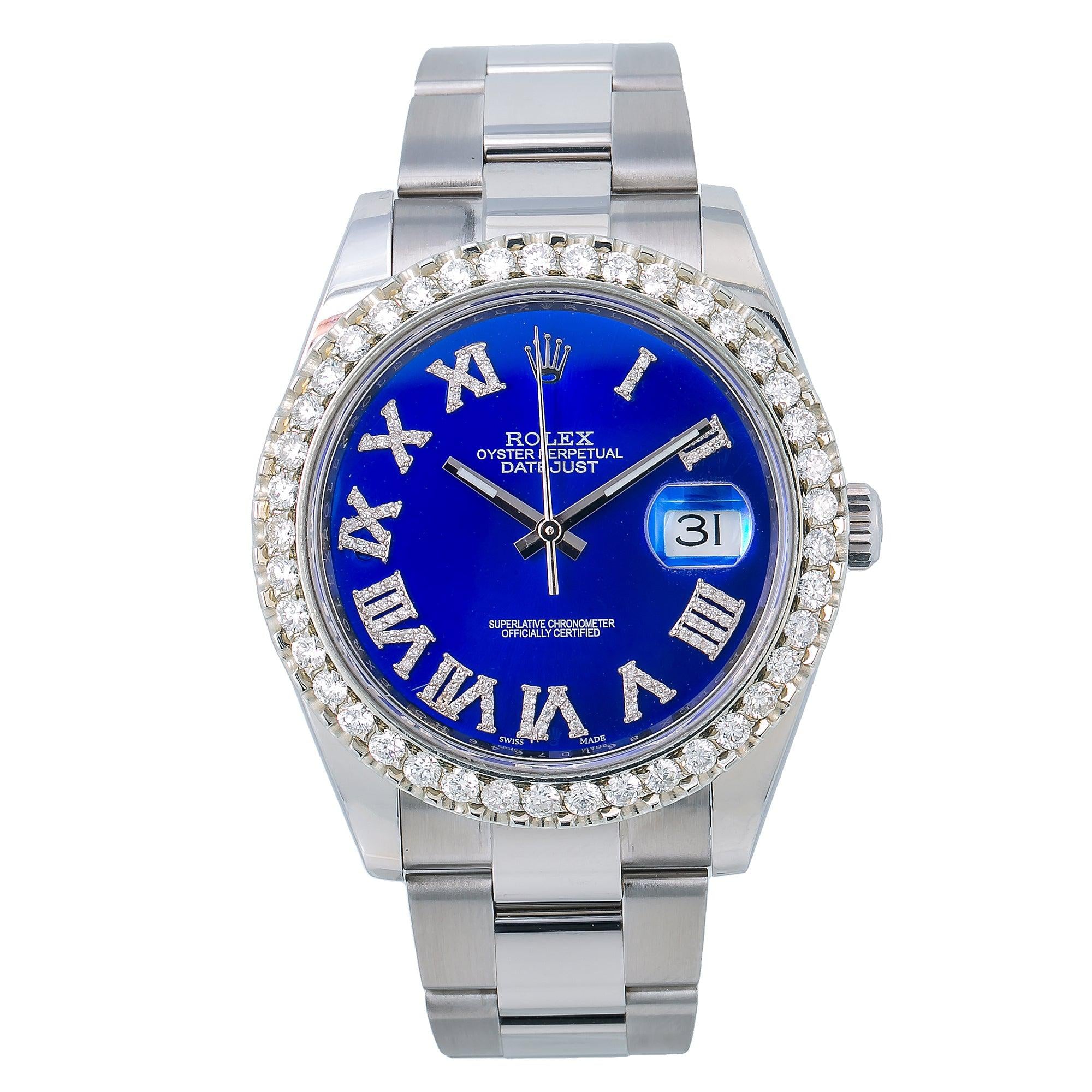 Rolex Datejust 41MM 116300 Blue Roman Dial Diamond Bezel Stainless Steel Oyster Bracelet 3.25ct