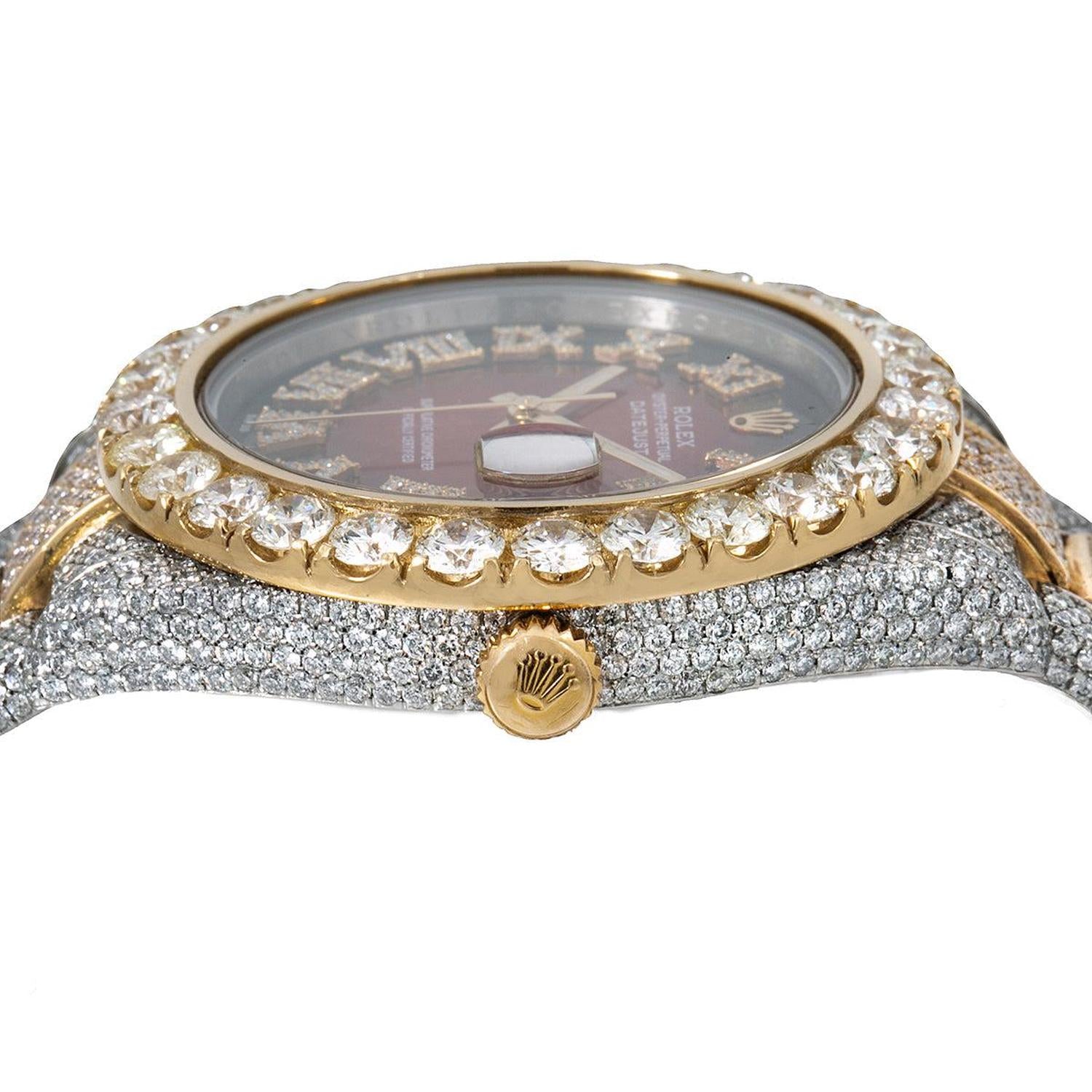 Rolex Datejust II 41MM 116333 Red Roman Diamond Dial Diamond Bezel Two Tone Yellow Gold Full Diamond Oyster Bracelet 25.75ct