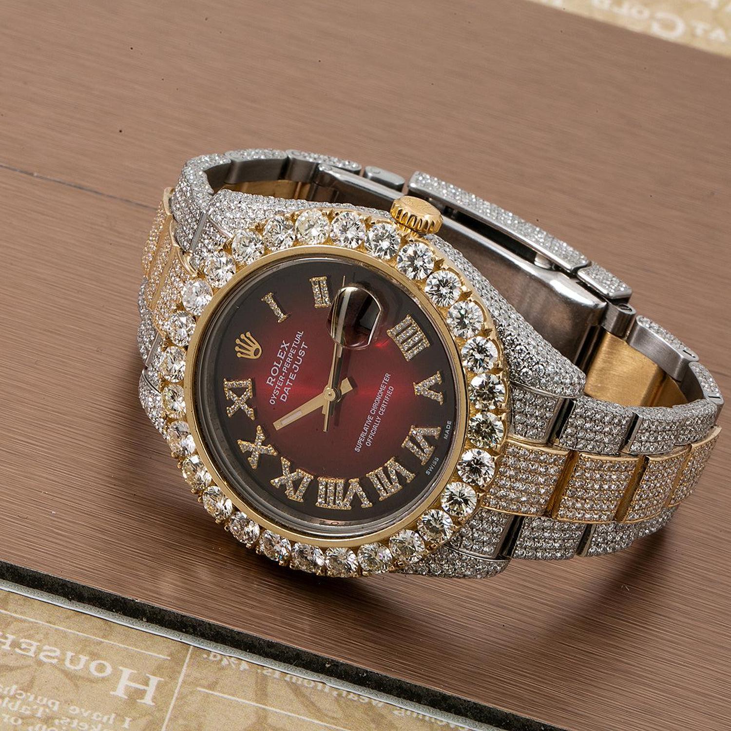 Rolex Datejust II 41MM 116333 Red Roman Diamond Dial Diamond Bezel Two Tone Yellow Gold Full Diamond Oyster Bracelet 25.75ct