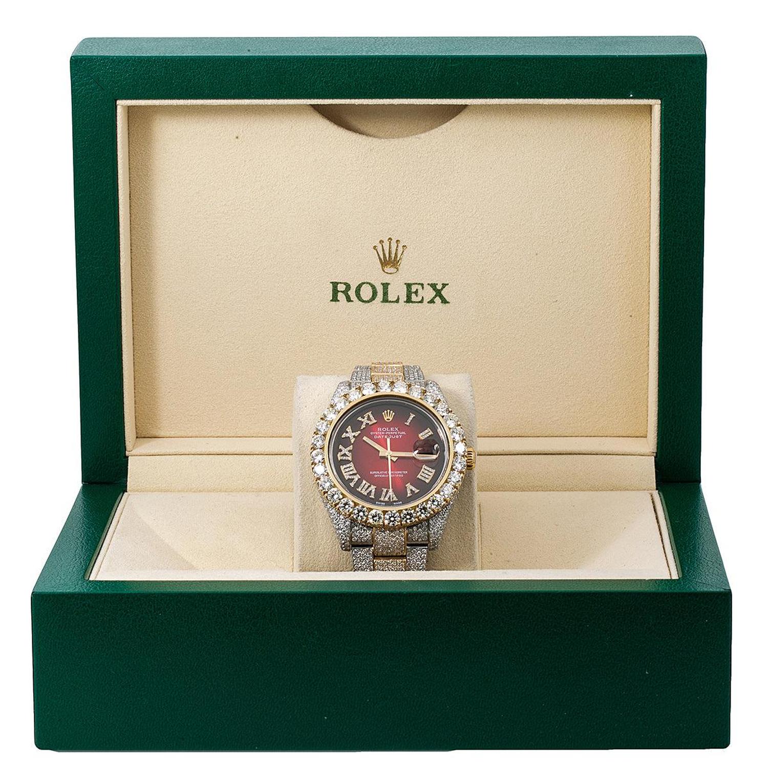 Rolex Datejust II 41MM 116333 Red Roman Diamond Dial Diamond Bezel Two Tone Yellow Gold Full Diamond Oyster Bracelet 25.75ct