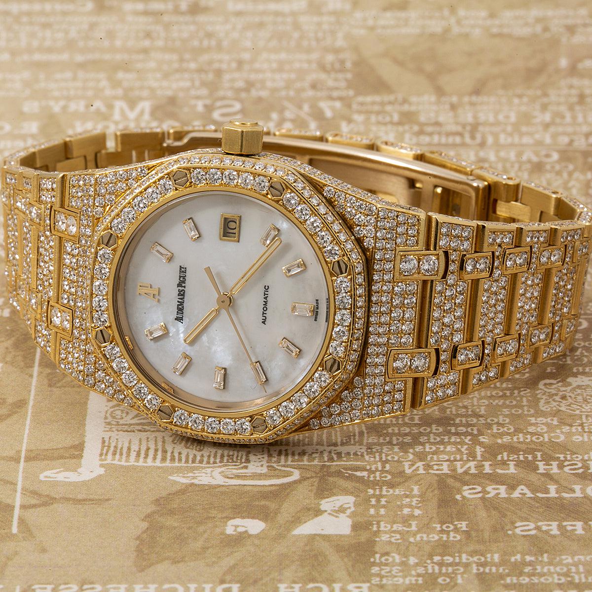 Audemars Piguet Royal Oak 33MM 15000ST Mother of Pearl Dial Diamond Bezel 18K Yellow Gold Bracelet 13.75ct