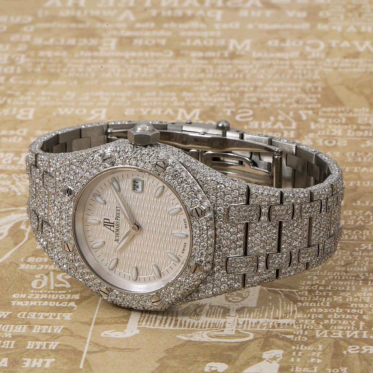Audemars Piguet Royal Oak 33MM 67650ST White Dial Diamond Paved Bezel Stainless Steel Bracelet 11.75ct