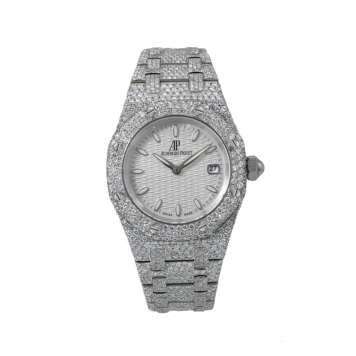 Audemars Piguet Royal Oak 33MM 67650ST White Dial Diamond Paved Bezel Stainless Steel Bracelet 11.75ct