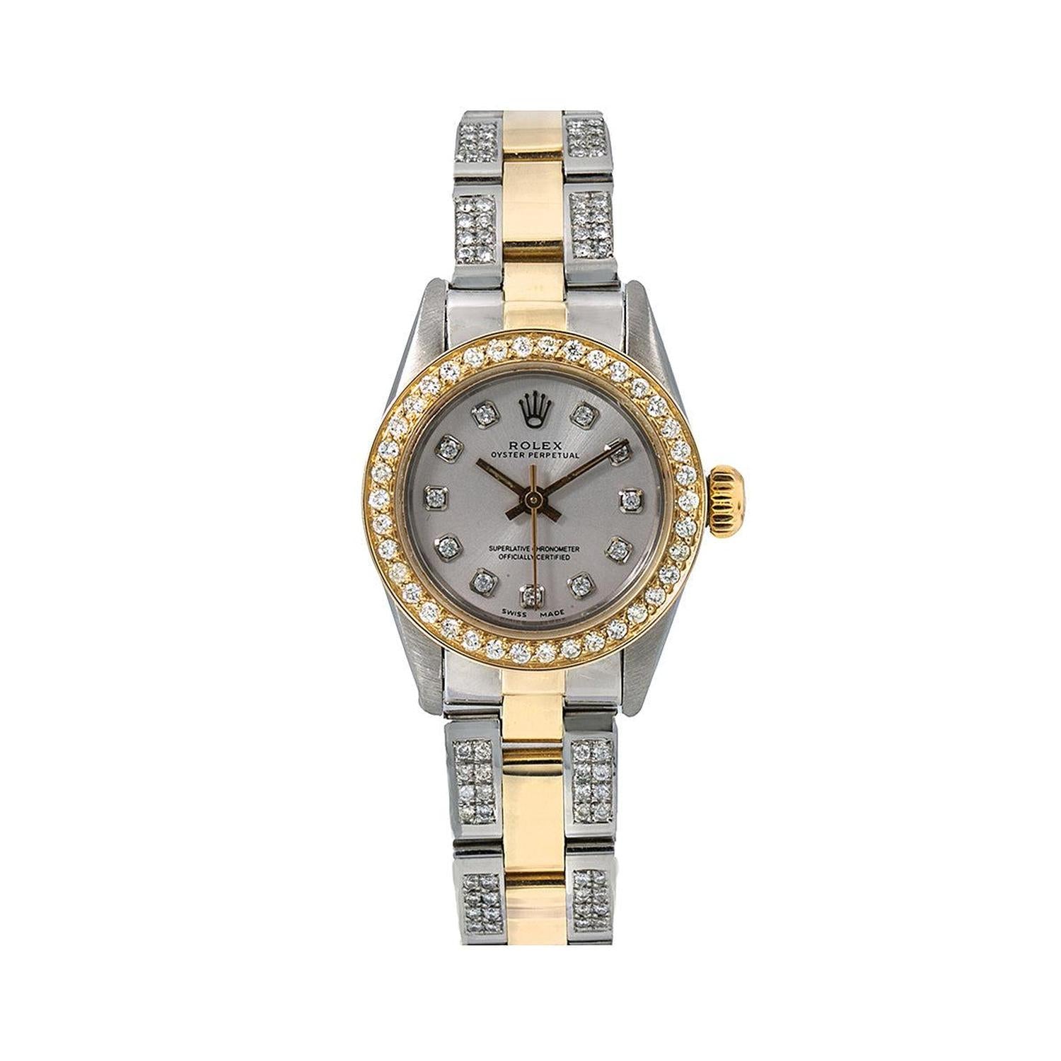 Rolex Oyster Perpetual 26MM 67193 Silver Diamond Dial Diamond Bezel Two Tone Semi Diamond Oyster Bracelet 2.25ct