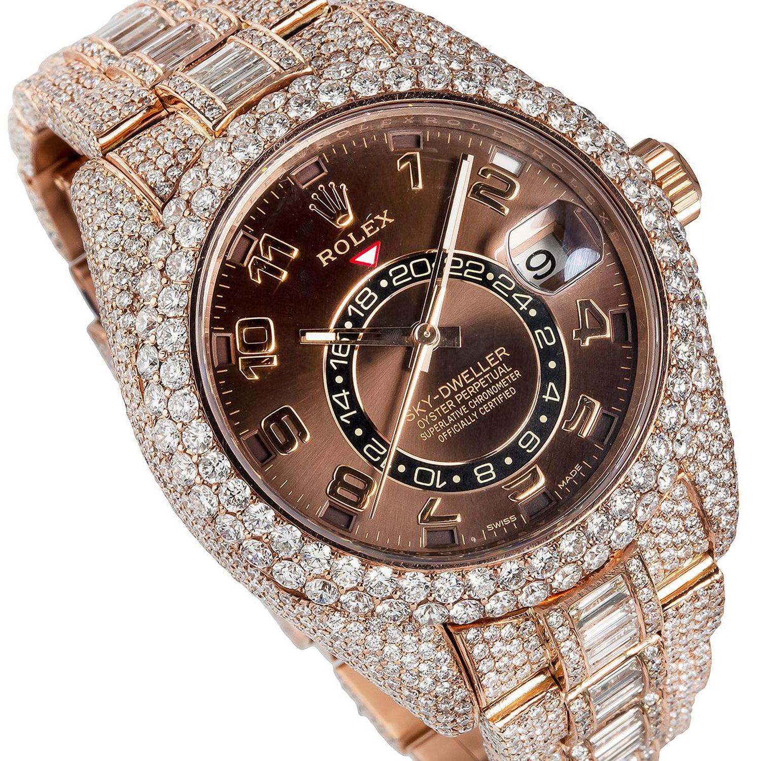 Rolex Sky-Dweller 42MM 326935 Chocolate Dial Diamond Bezel 18K Rose Gold Full Diamond Oyster Bracelet 28.75ct