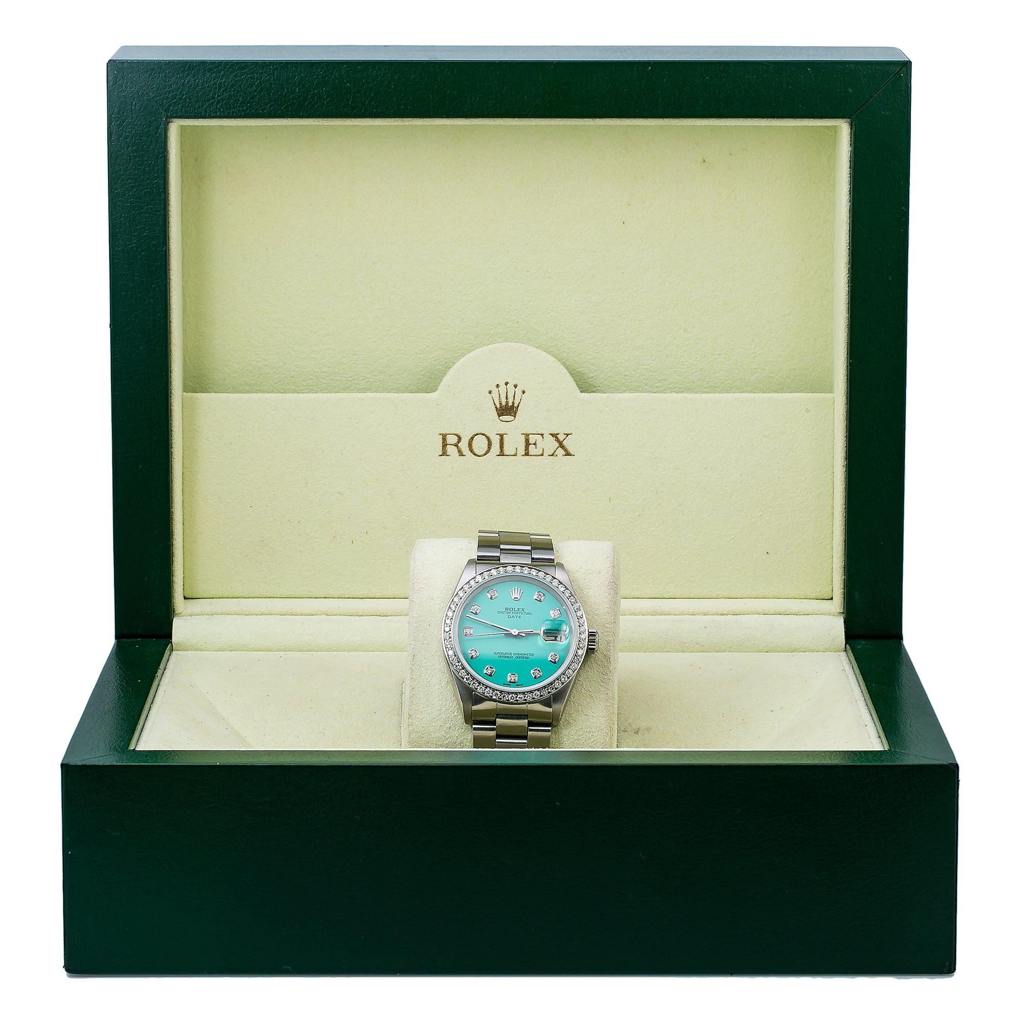 Rolex Date 34MM 1500 Turquoise Diamond Dial Diamond Bezel Stainless Steel Oyster Bracelet