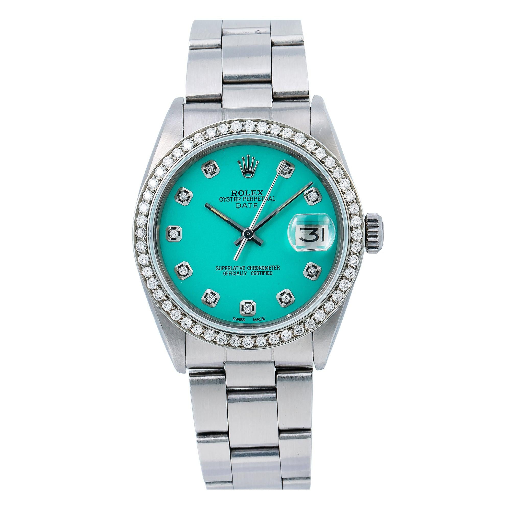 Rolex Date 34MM 1500 Turquoise Diamond Dial Diamond Bezel Stainless Steel Oyster Bracelet