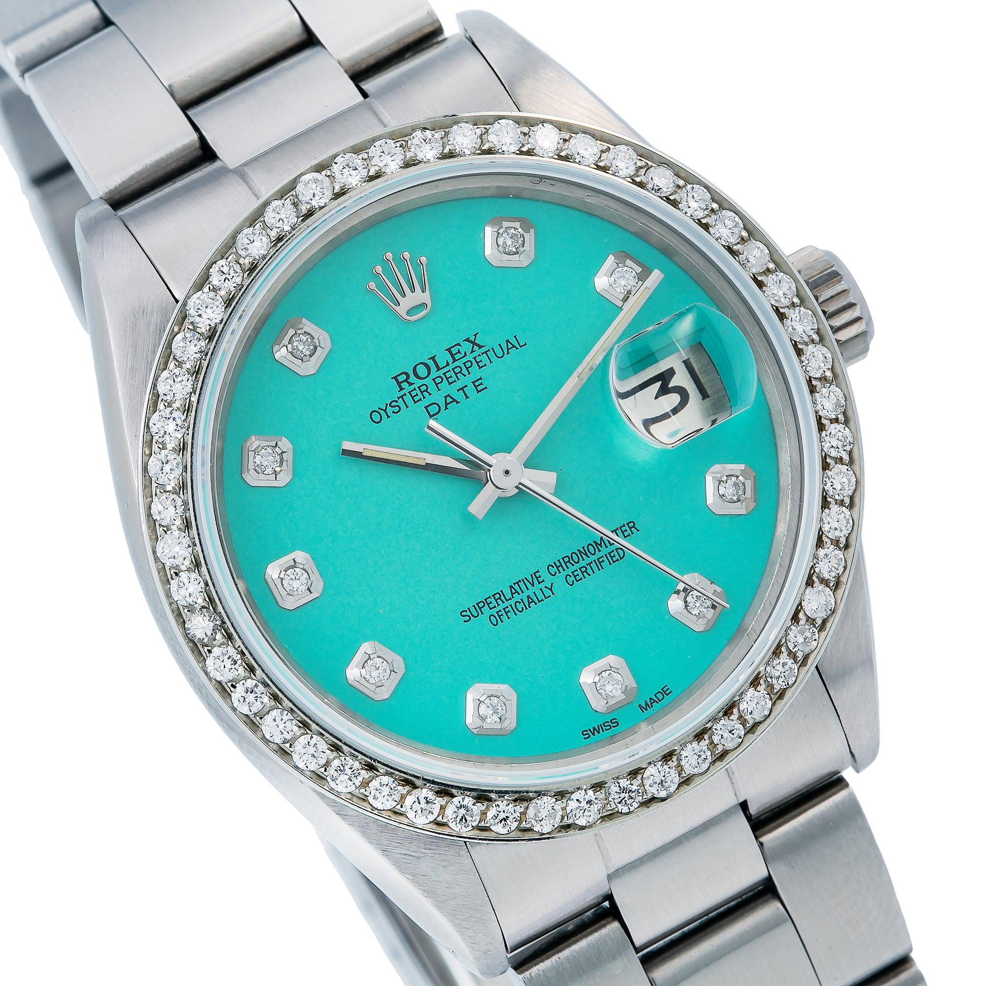 Rolex Date 34MM 1500 Turquoise Diamond Dial Diamond Bezel Stainless Steel Oyster Bracelet