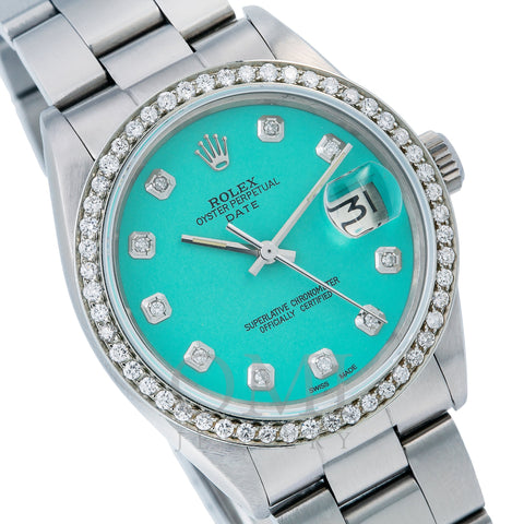 Rolex Oyster Perpetual Date 1500 34MM Turquoise Diamond Dial With Stainless Steel Oyster Bracelet
