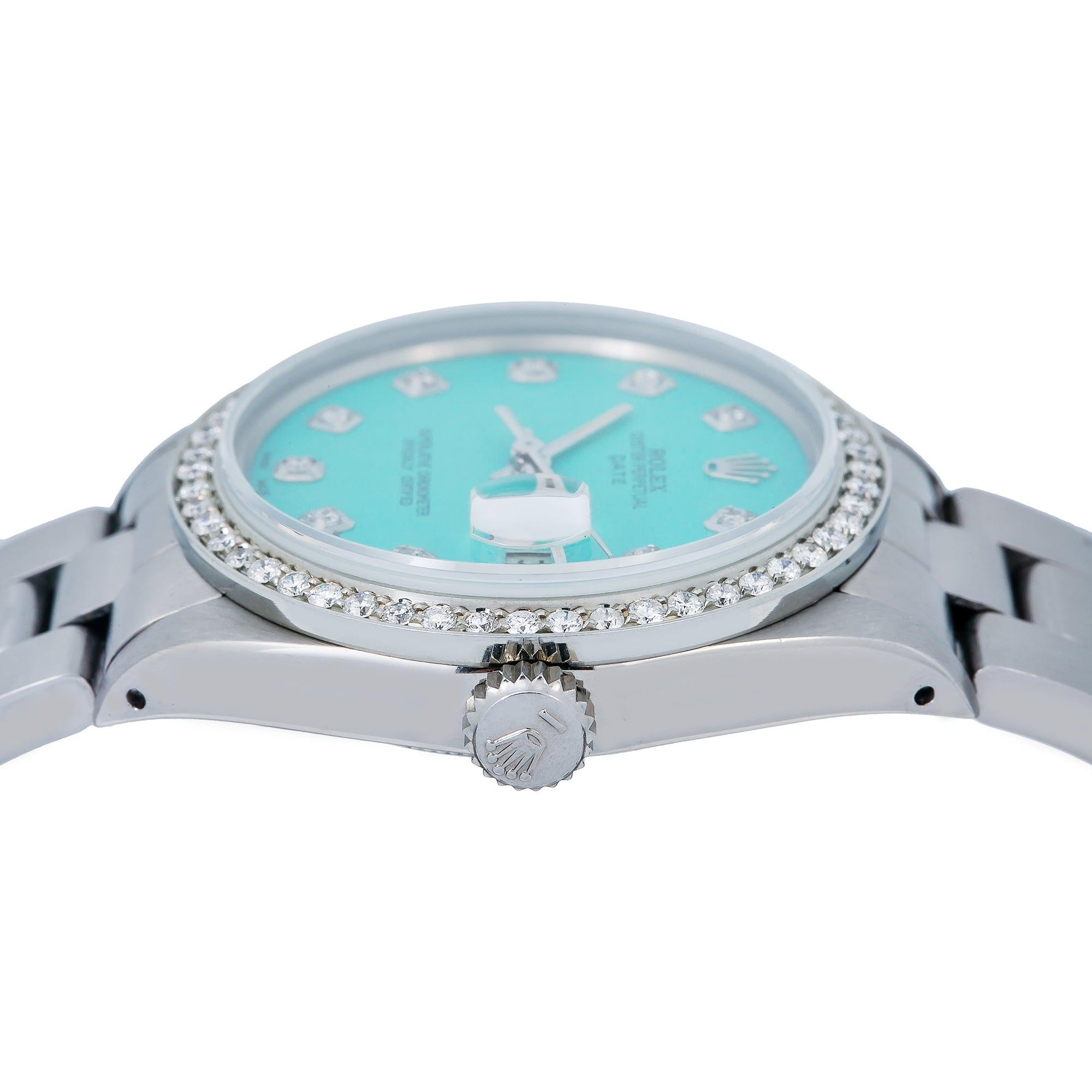 Rolex Date 34MM 1500 Turquoise Diamond Dial Diamond Bezel Stainless Steel Oyster Bracelet
