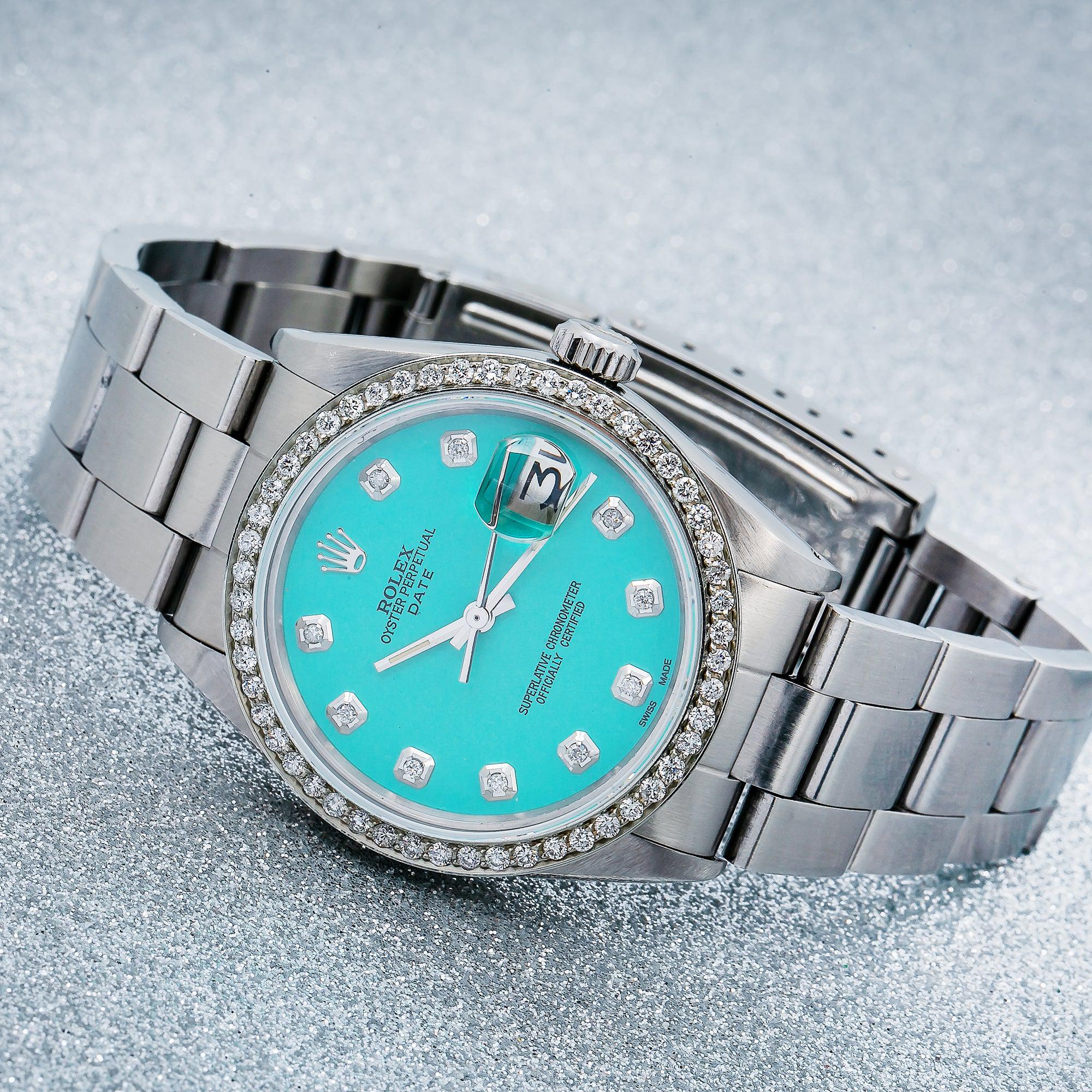 Rolex Date 34MM 1500 Turquoise Diamond Dial Diamond Bezel Stainless Steel Oyster Bracelet