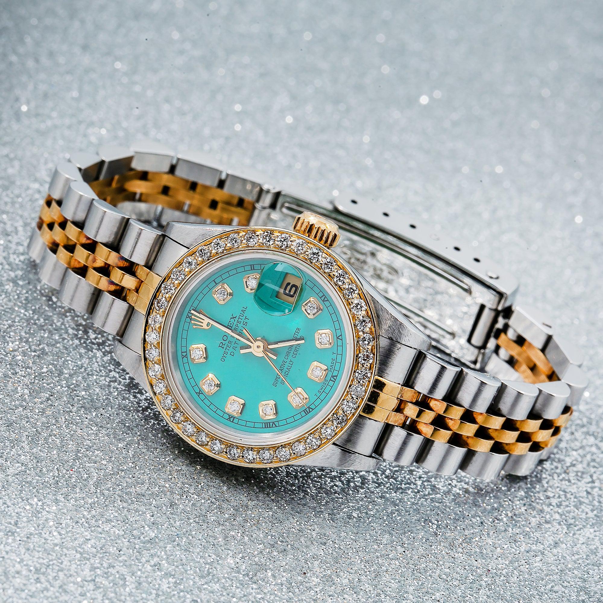 Rolex Datejust 26MM 69173 Turquoise Diamond Dial Diamond Bezel Two Tone Yellow Gold Jubilee Bracelet