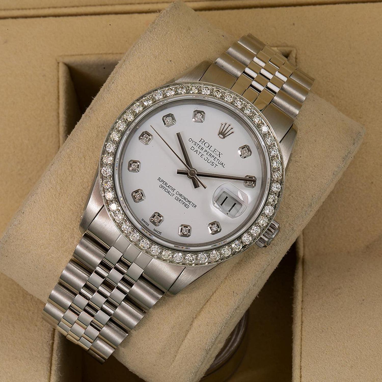 Rolex Datejust 36MM 1601 White Diamond Dial Diamond Bezel Stainless Steel Jubilee Bracelet 1.4ct