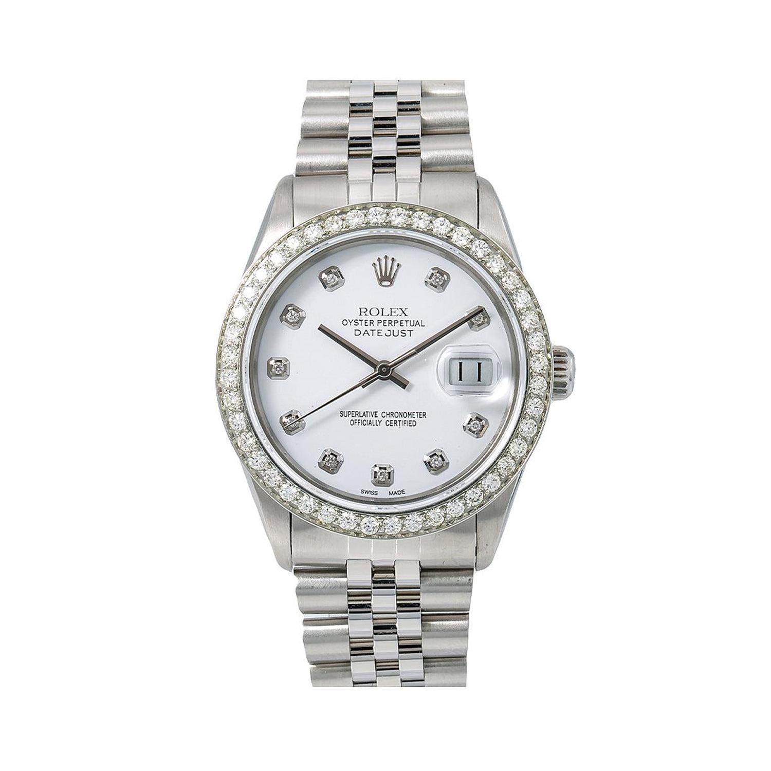 Rolex Datejust 36MM 1601 White Diamond Dial Diamond Bezel Stainless Steel Jubilee Bracelet 1.4ct