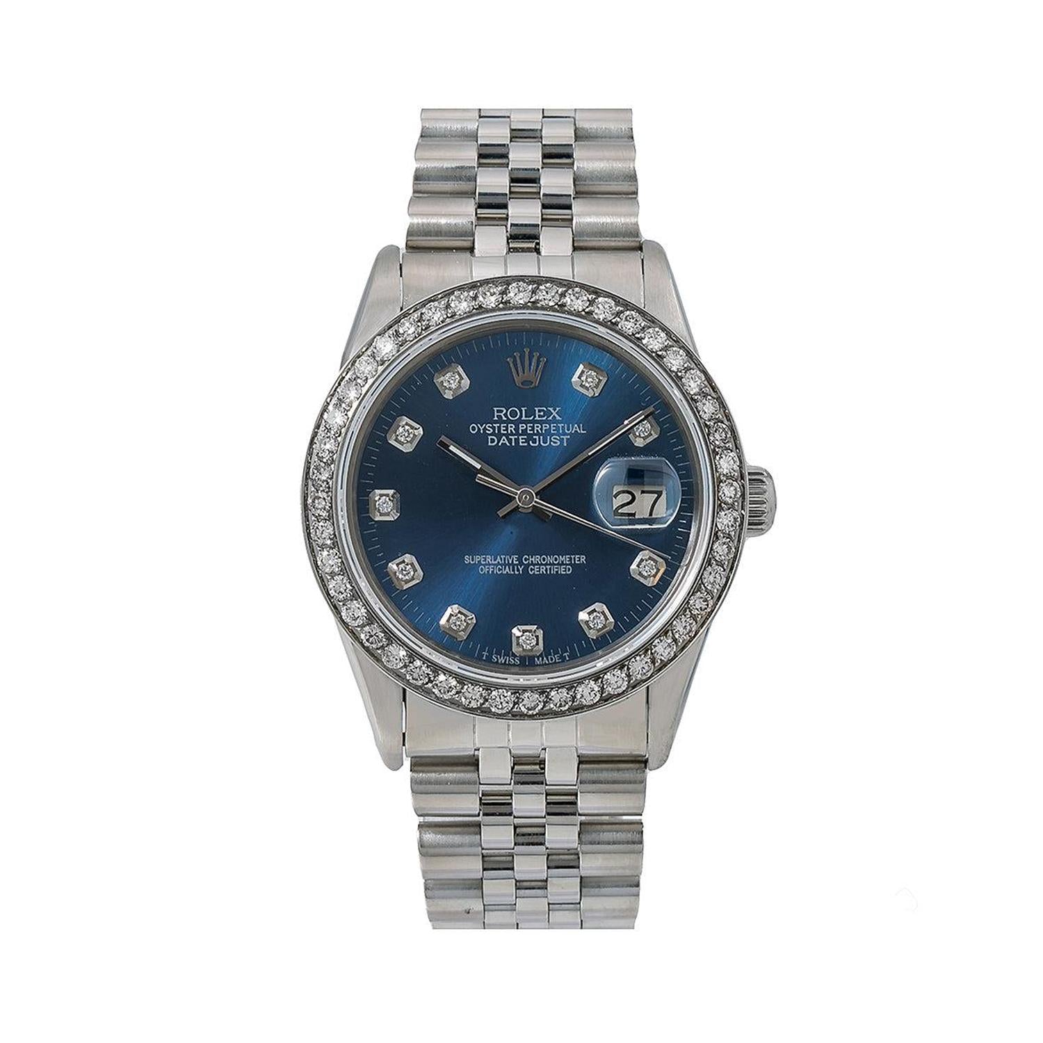 Rolex Datejust 36MM 16014 Blue Diamond Dial Diamond Bezel Stainless Steel Jubilee Bracelet 1.2ct