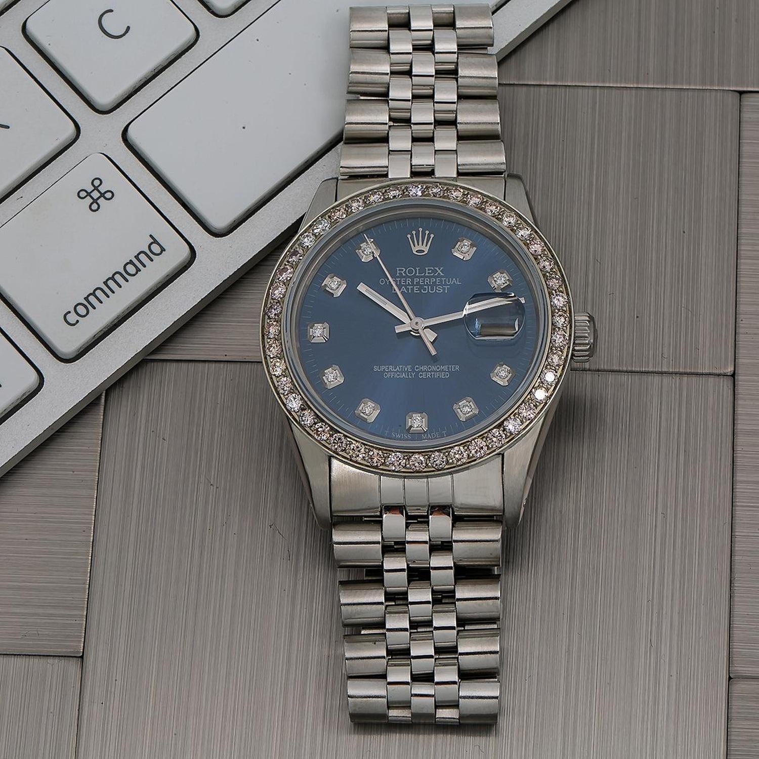 Rolex Datejust 36MM 16014 Blue Diamond Dial Diamond Bezel Stainless Steel Jubilee Bracelet 1.2ct