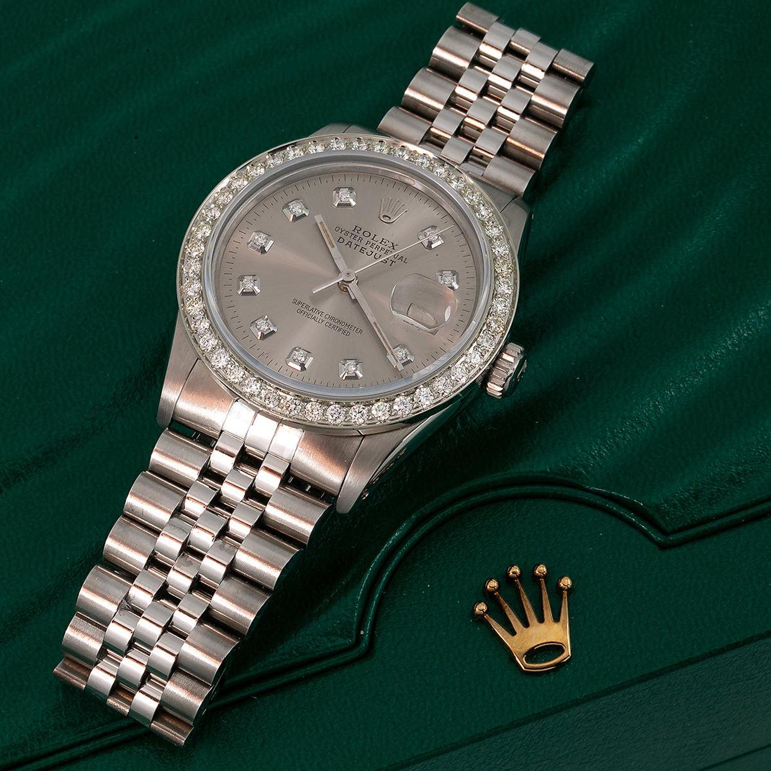 Rolex Datejust 36MM 16014 Gray Diamond Dial Diamond Bezel Stainless Steel Jubilee Bracelet 1.2ct