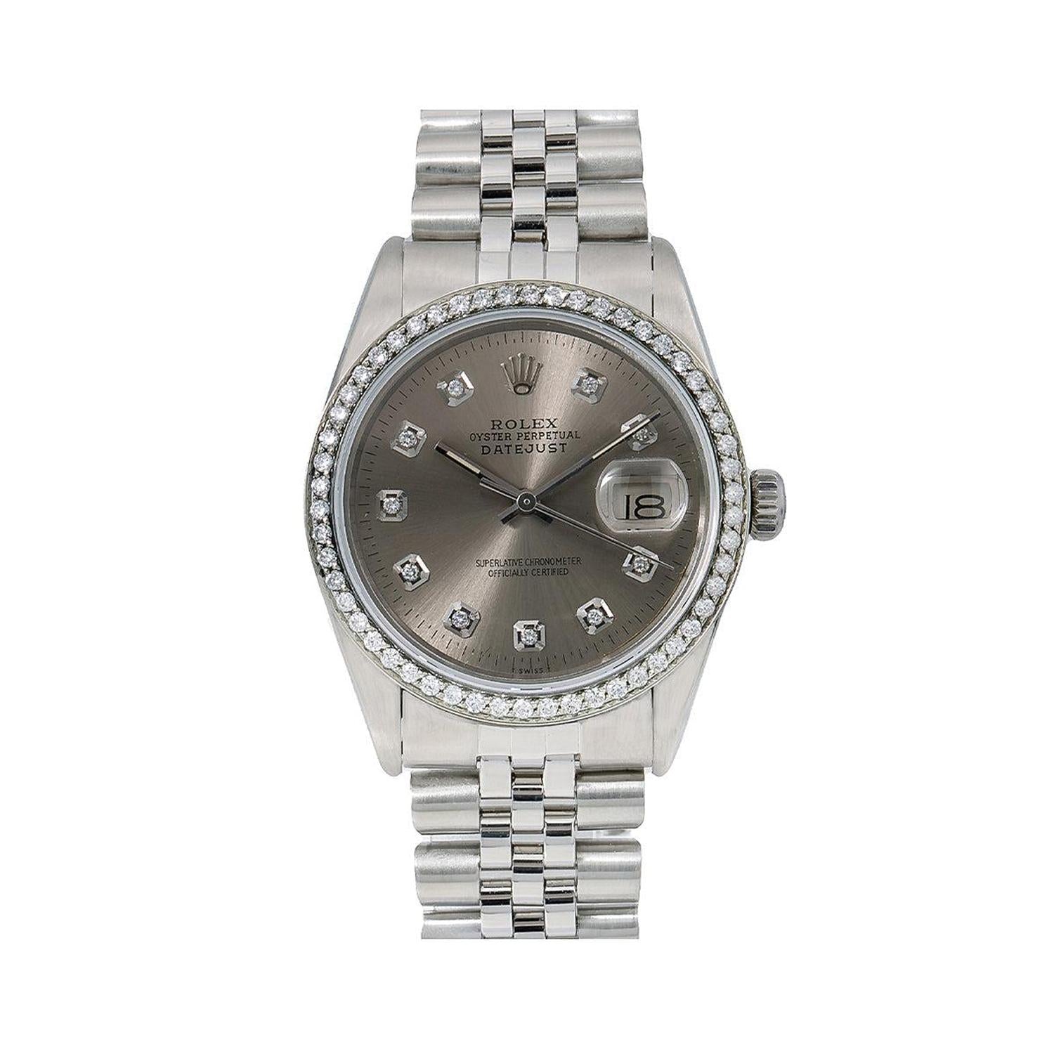Rolex Datejust 36MM 16014 Slate Gray Diamond Dial Diamond Bezel Stainless Steel Jubilee Bracelet 1.2ct