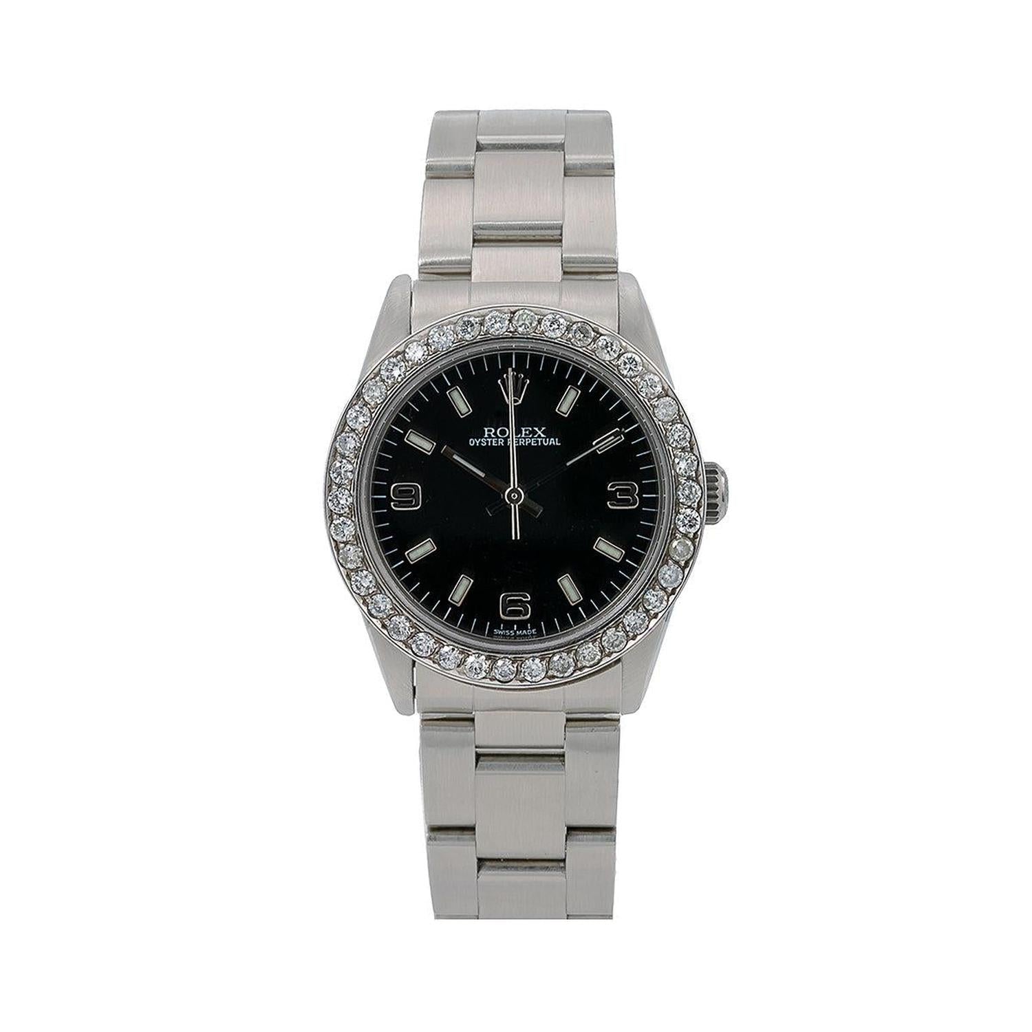 Rolex Oyster Perpetual 31MM 77080 Black Arabic Dial Diamond Bezel Stainless Steel Oyster Bracelet 0.9ct