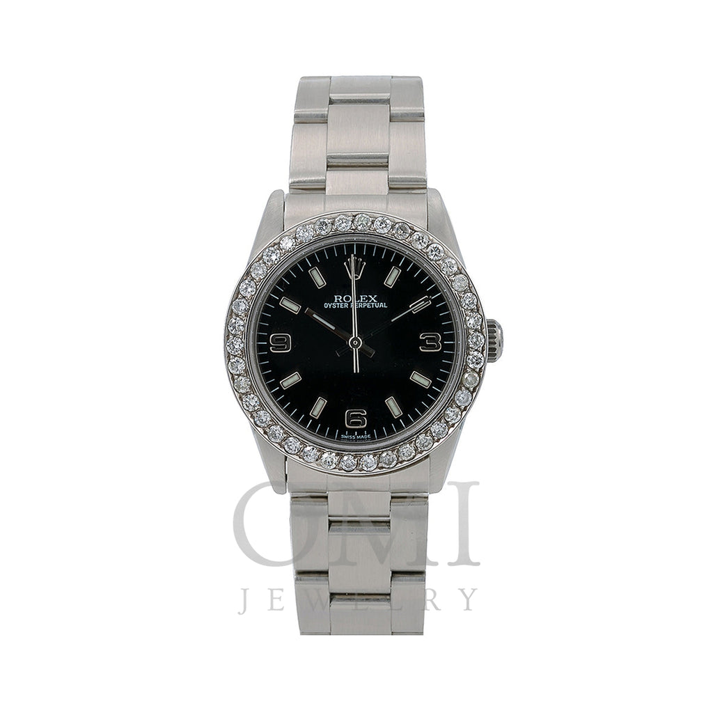 Rolex Oyster Perpetual Diamond Watch, 77080 31mm, Black Dial With 0.90 CT Diamonds