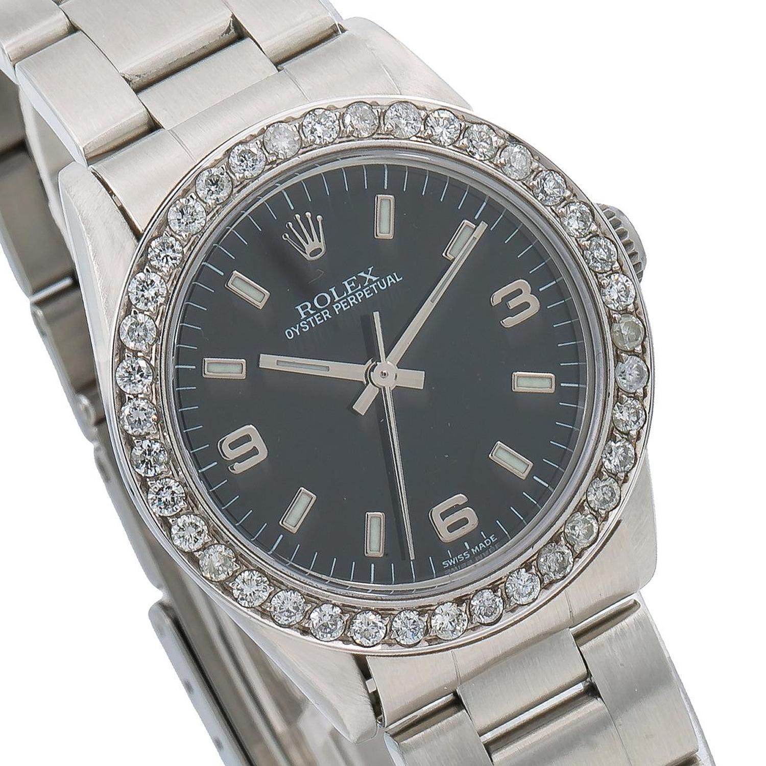 Rolex Oyster Perpetual 31MM 77080 Black Arabic Dial Diamond Bezel Stainless Steel Oyster Bracelet 0.9ct