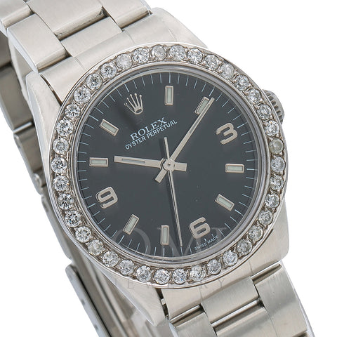 Rolex Oyster Perpetual Diamond Watch, 77080 31mm, Black Dial With 0.90 CT Diamonds