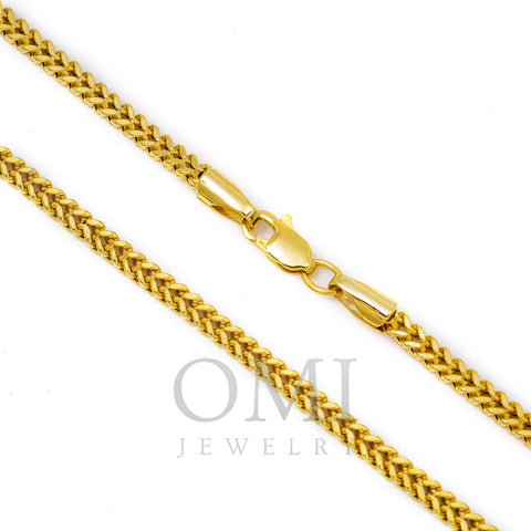 10K Yellow Gold 2.35mm Hollow Franco Chain Length Available 18