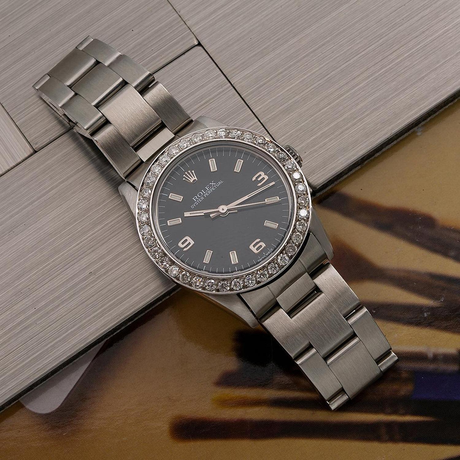 Rolex Oyster Perpetual 31MM 77080 Black Arabic Dial Diamond Bezel Stainless Steel Oyster Bracelet 0.9ct