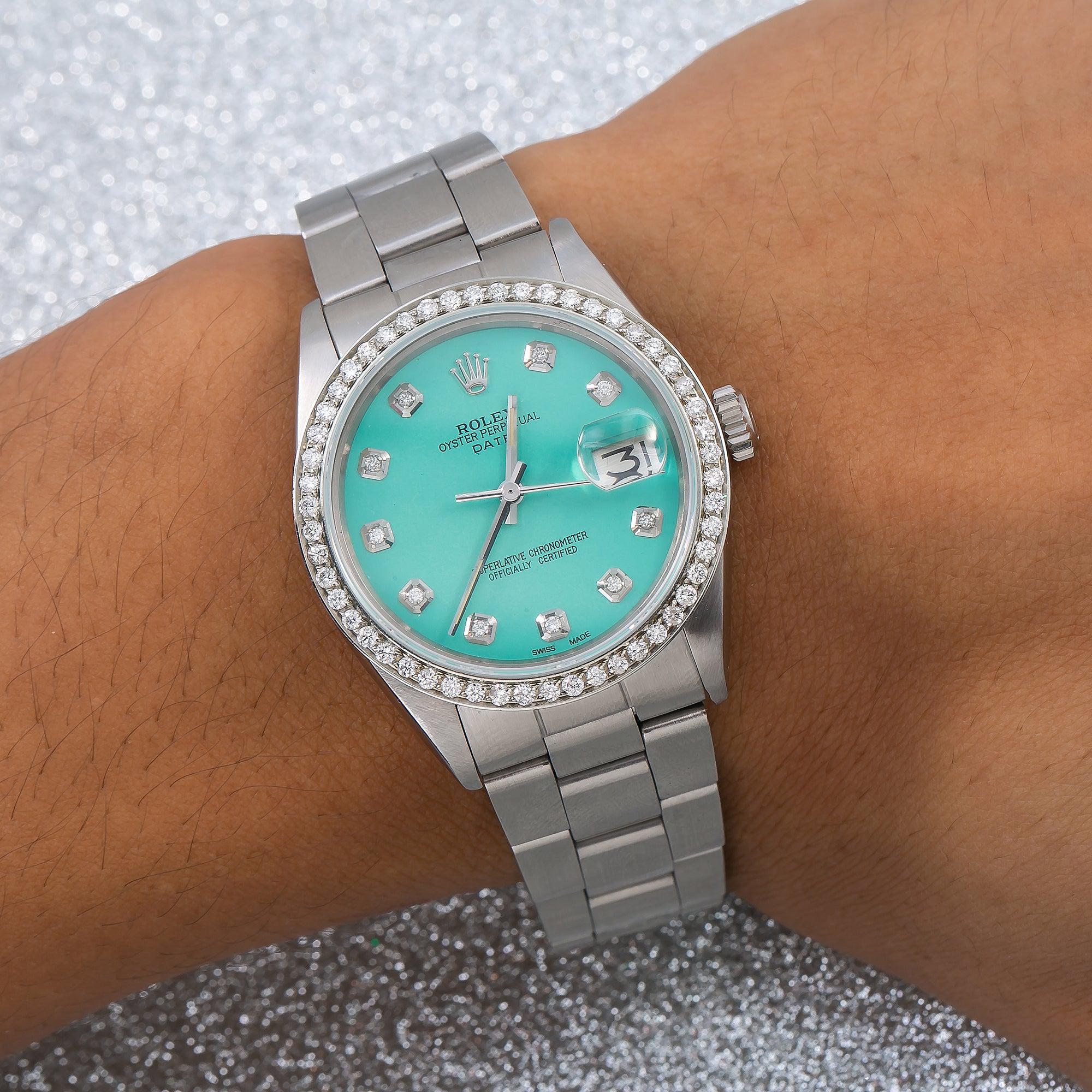 Rolex Date 34MM 1500 Turquoise Diamond Dial Diamond Bezel Stainless Steel Oyster Bracelet