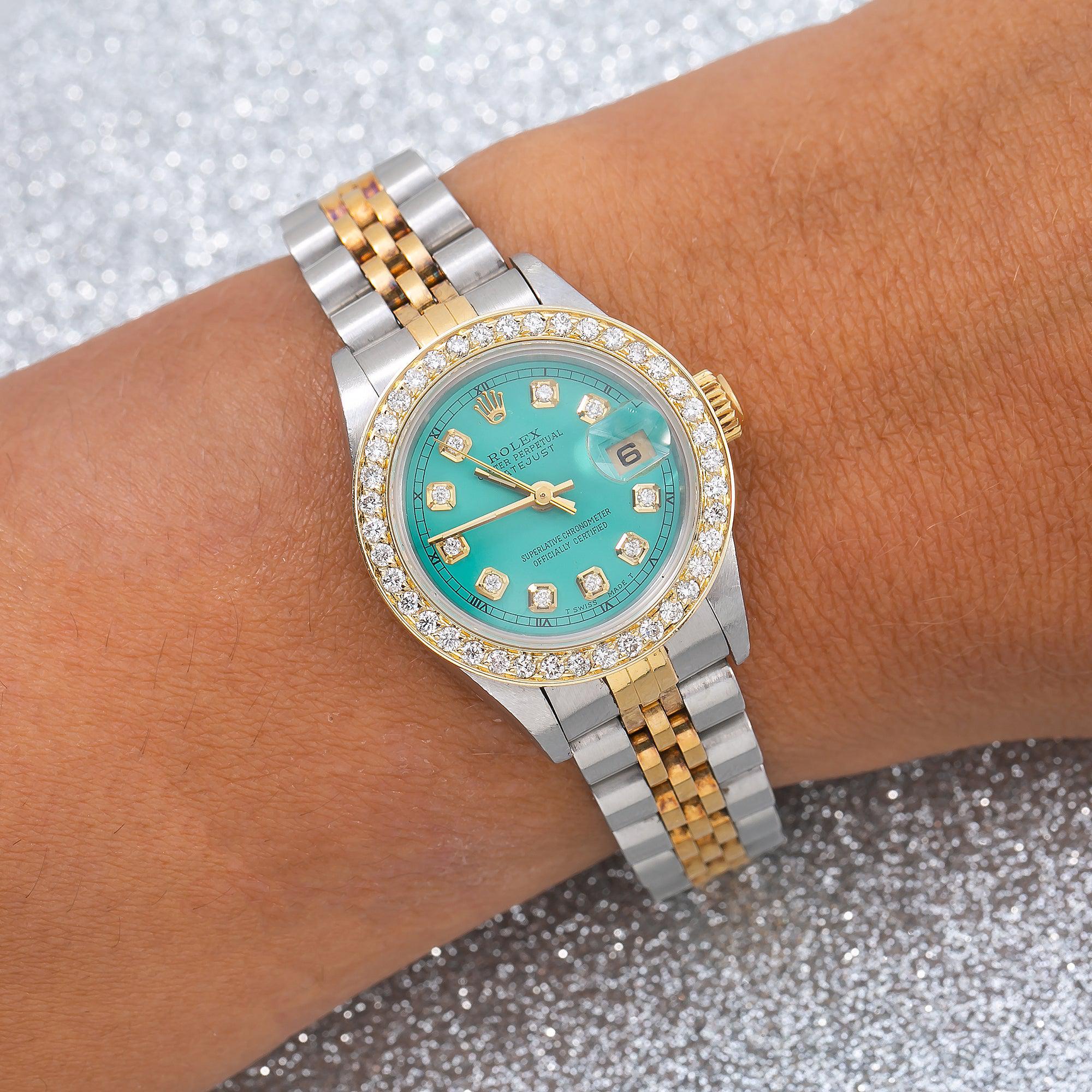 Rolex Datejust 26MM 69173 Turquoise Diamond Dial Diamond Bezel Two Tone Jubilee Bracelet
