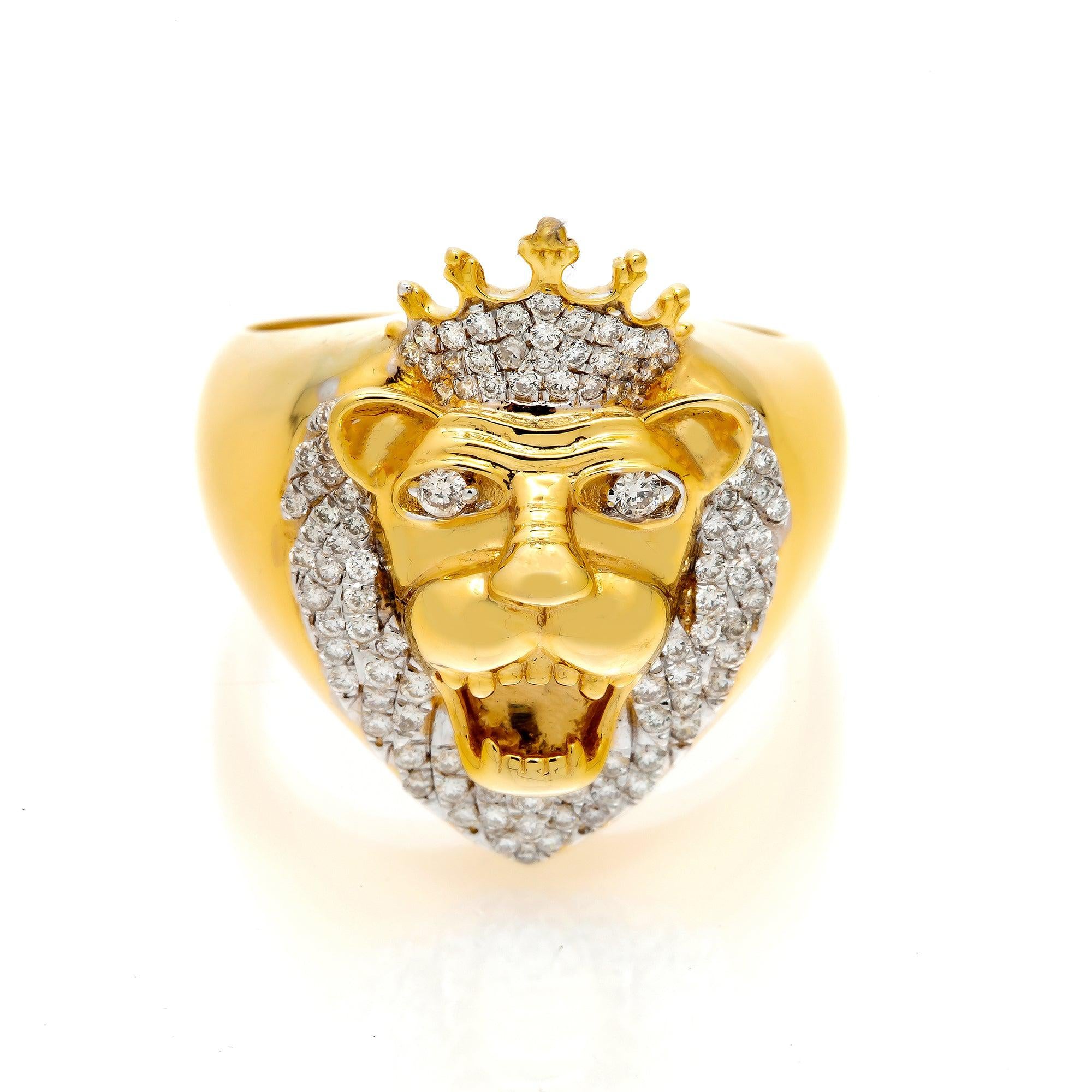 14K GOLD DIAMOND LION HEAD STRAIGHT CROWN RING 0.85 CT