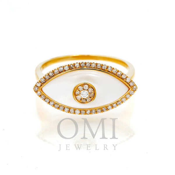 14K GOLD DIAMOND EVIL EYE RING WITH MOTHER OF PEARL 0.20 CT