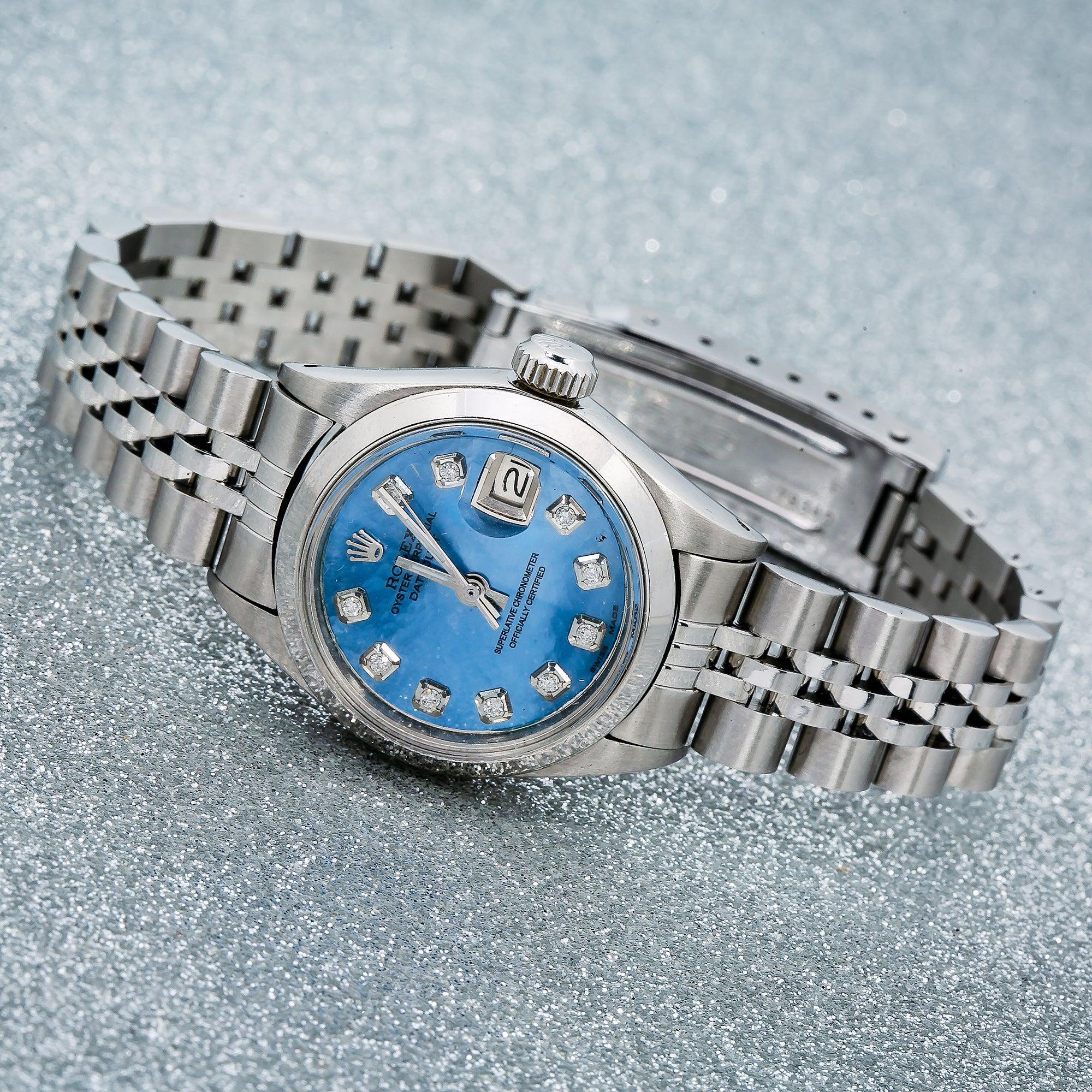 Rolex Datejust 26MM 6916 Blue Mother of Pearl Diamond Dial Smooth Bezel Stainless Steel Jubilee Bracelet