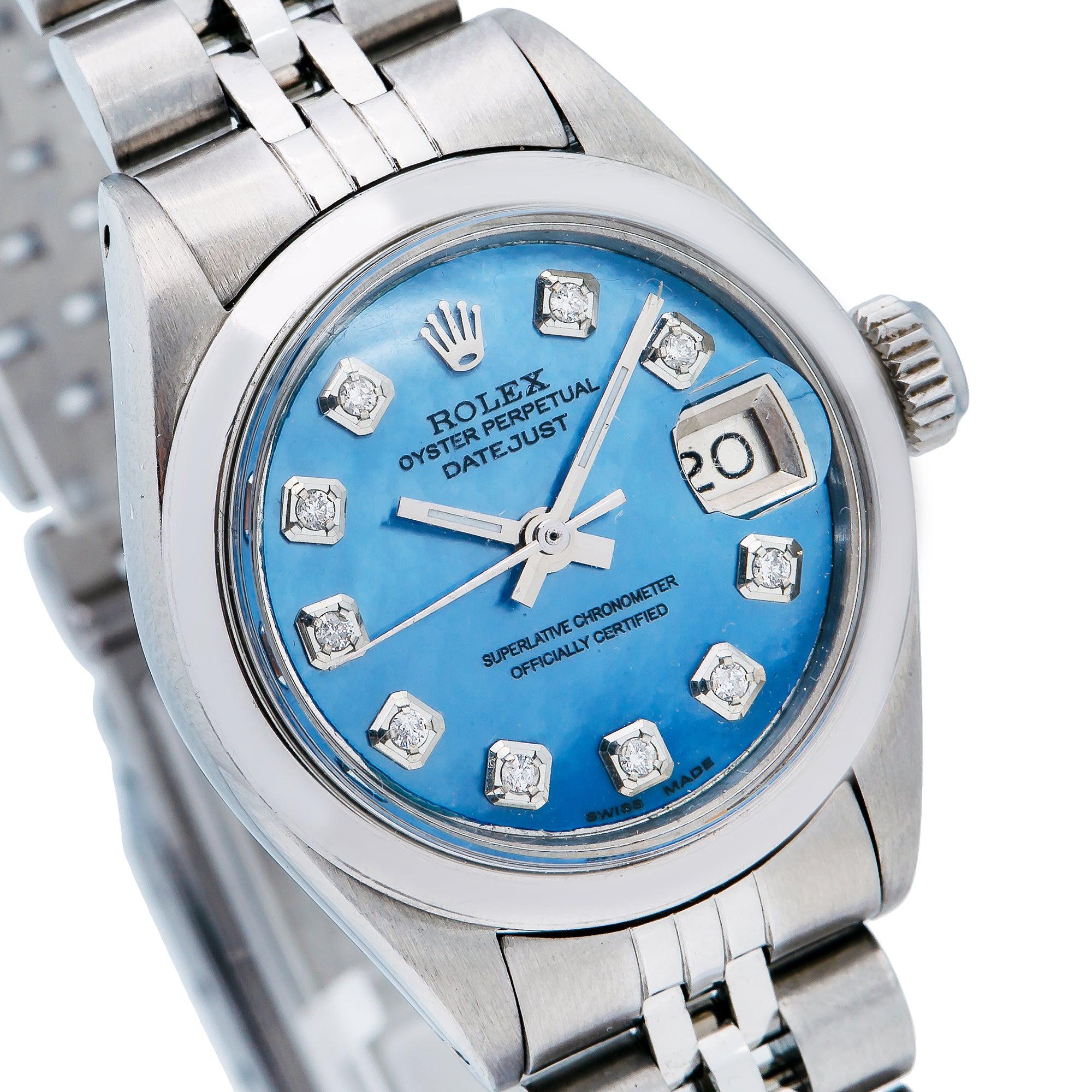 Rolex Datejust 26MM 6916 Blue Mother of Pearl Diamond Dial Smooth Bezel Stainless Steel Jubilee Bracelet