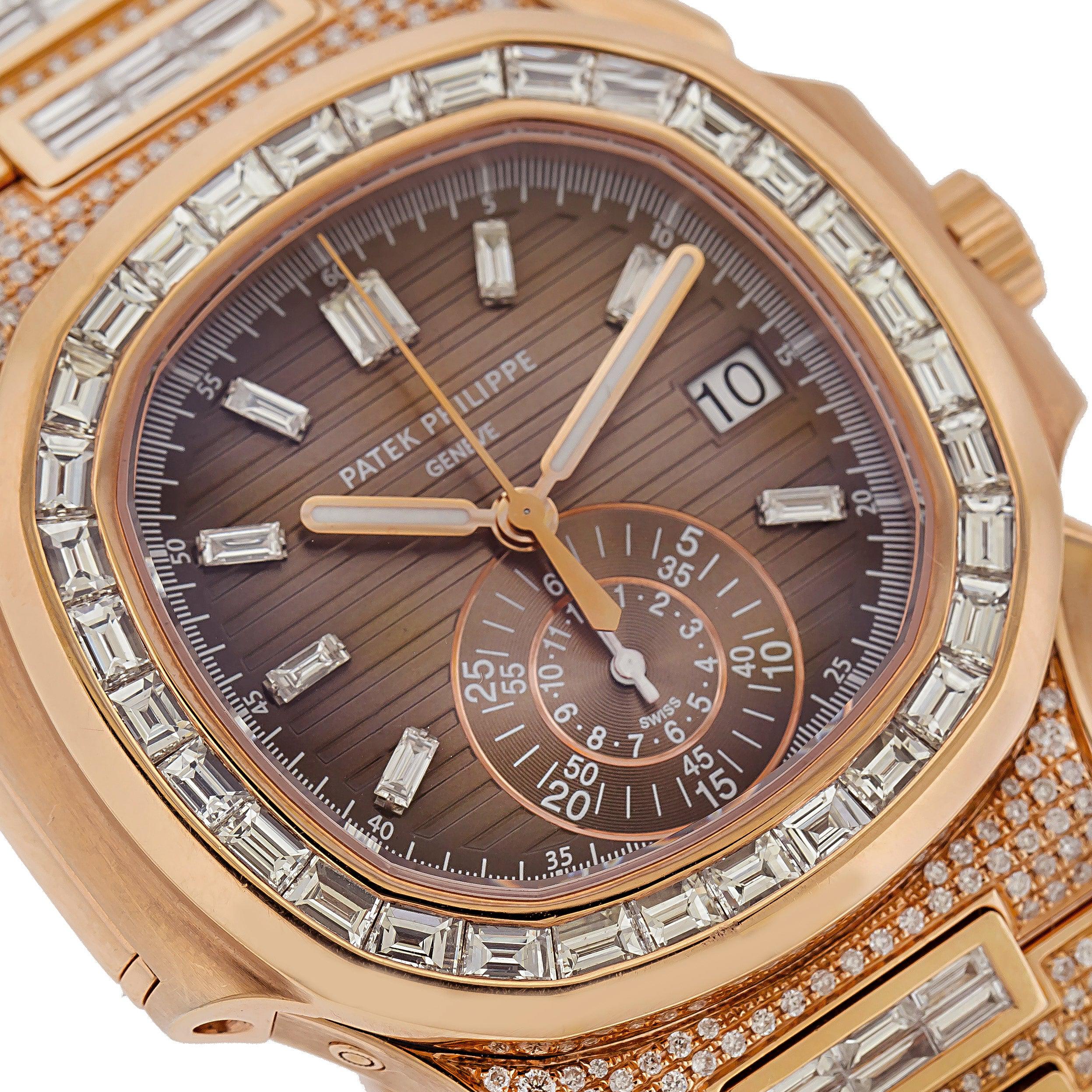 Patek Philippe Nautilus 40.5MM 5980/1R-001 Brown Diamond Dial Baguette Diamond Bezel 18K Rose Gold Full Diamond Bracelet 25ct
