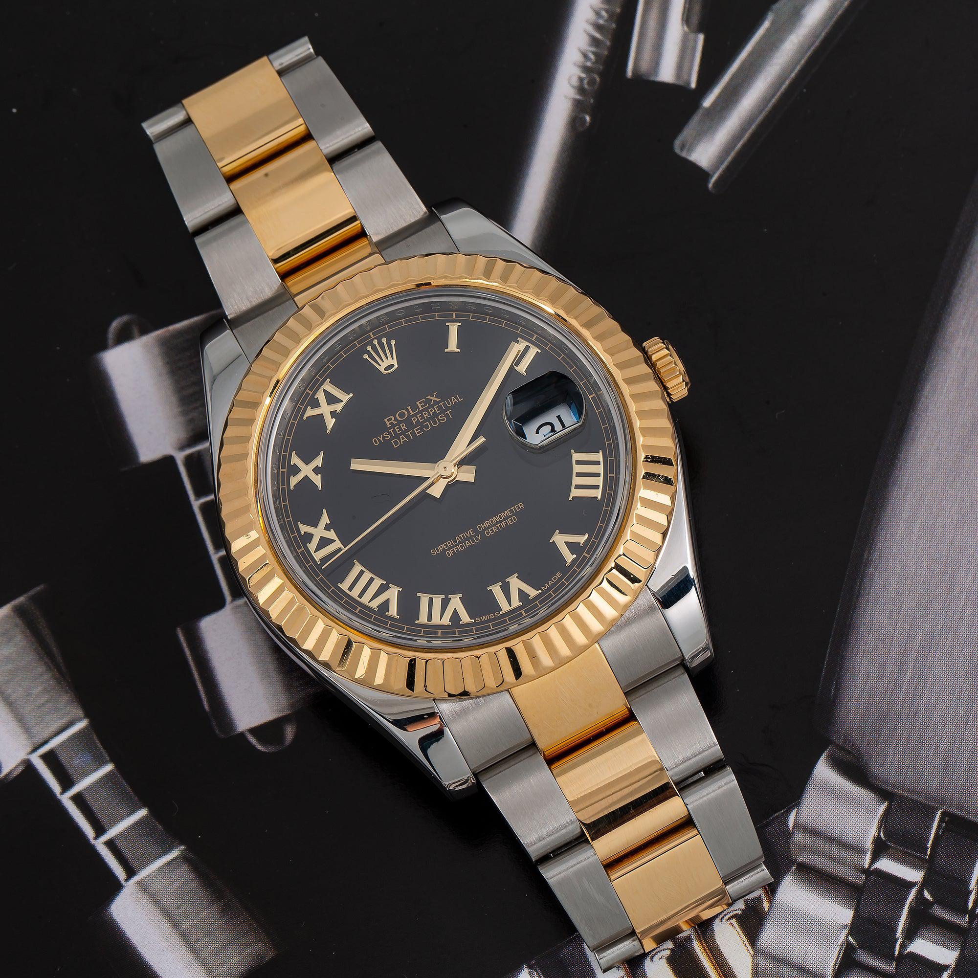 Rolex Datejust 41MM 116333 Black Roman Dial Fluted Bezel Two Tone Yellow Gold Oyster Bracelet