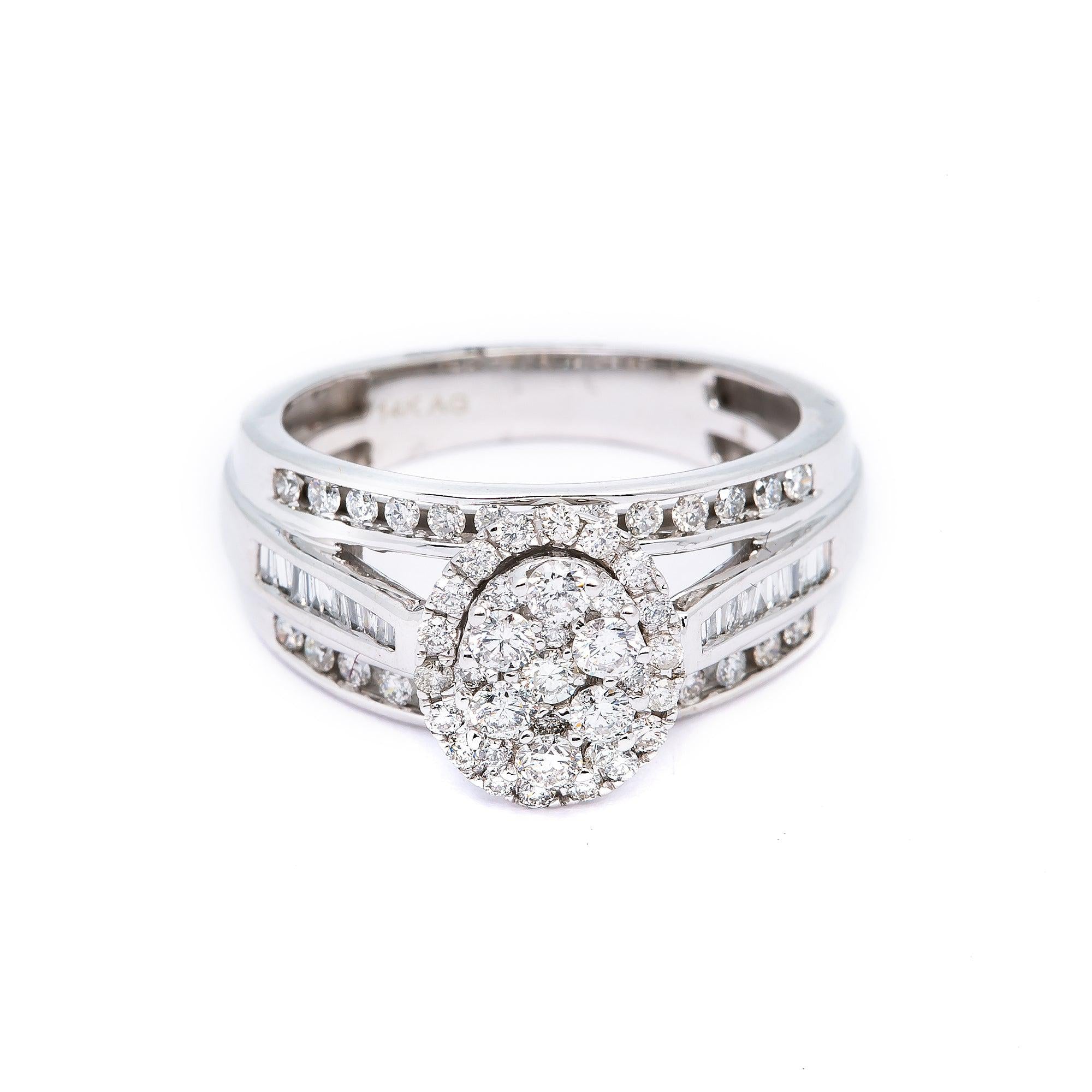 14K WHITE GOLD CLUSTER ENGAGEMENT RING WITH 1.0 CT DIAMONDS