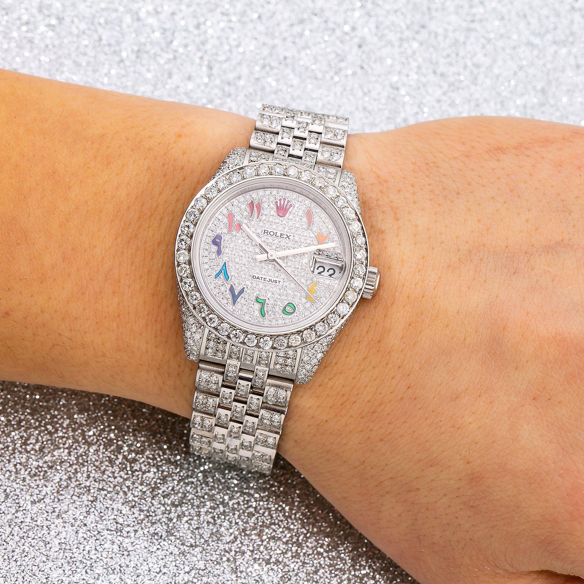 Rolex Datejust 31MM 68274 Diamond Paved Rainbow Eastern Arabic Dial Diamond Bezel Stainless Steel Full Diamond Jubilee Bracelet